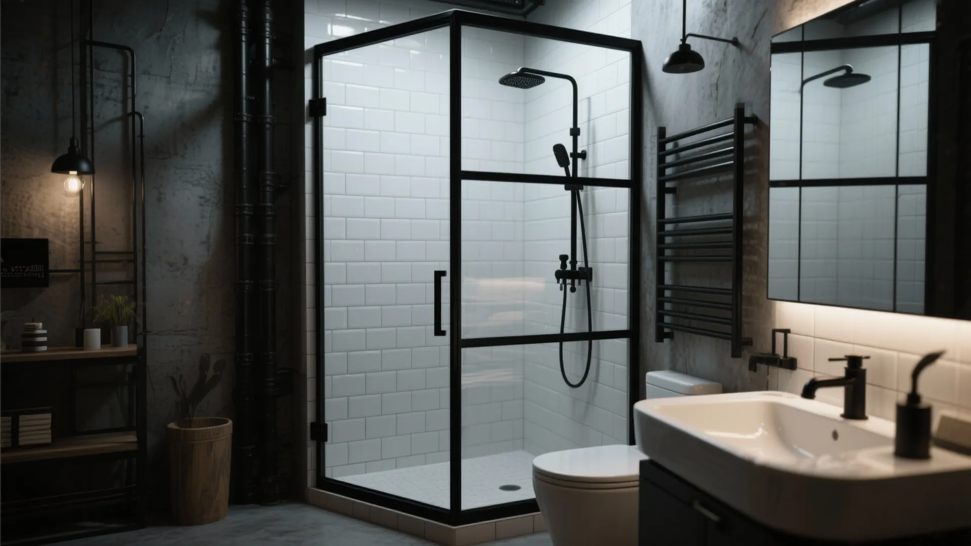 Modern bathroom with black frame glass shower door white tile wall and a white bathroom sink