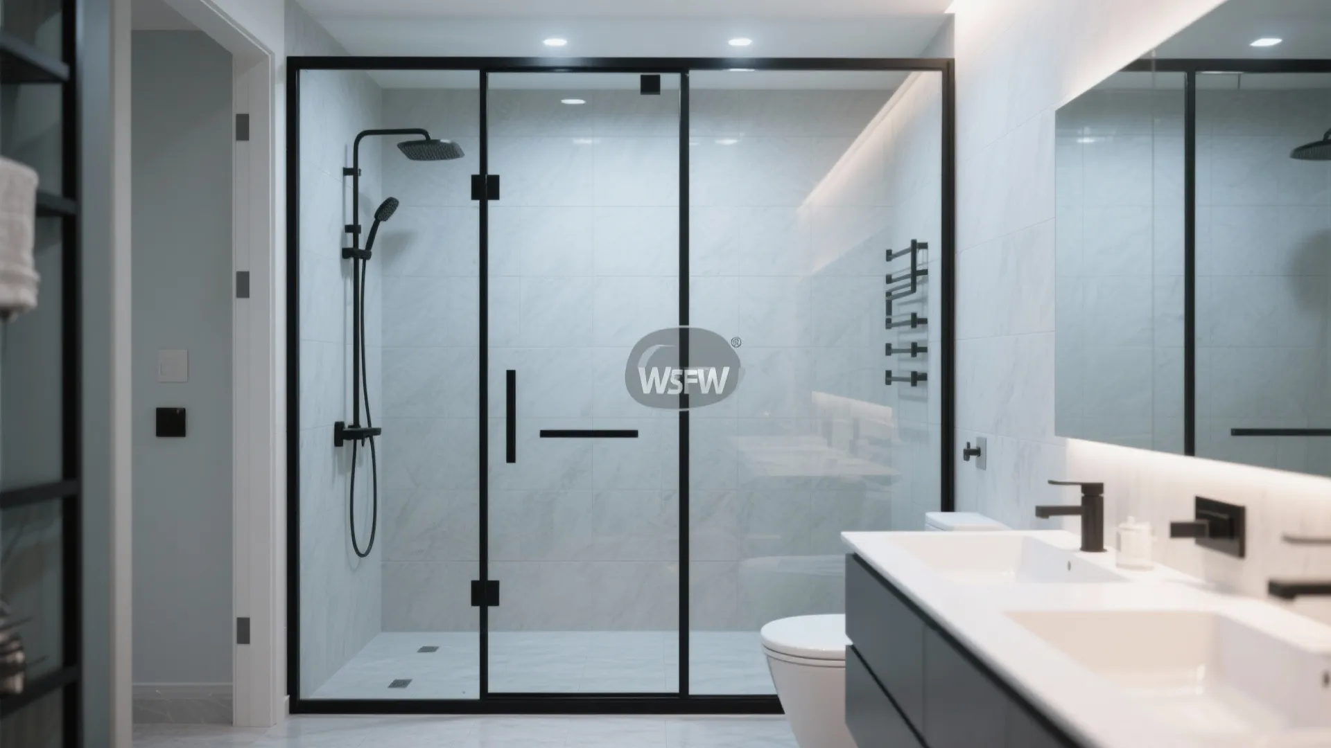 Modern bathroom featuring black frame glass shower door with white marble wall tiles and vanity