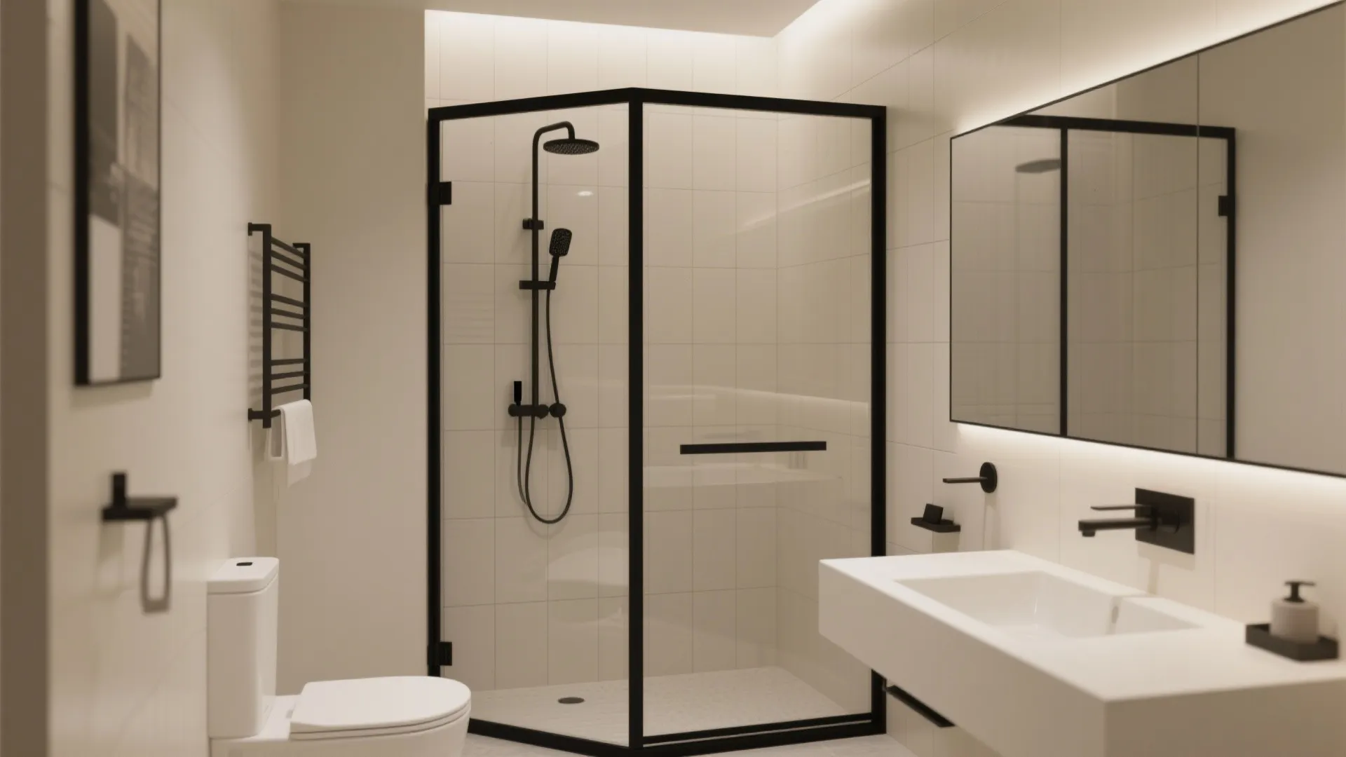 6. Black Framed Shower Screen with Cream Walls