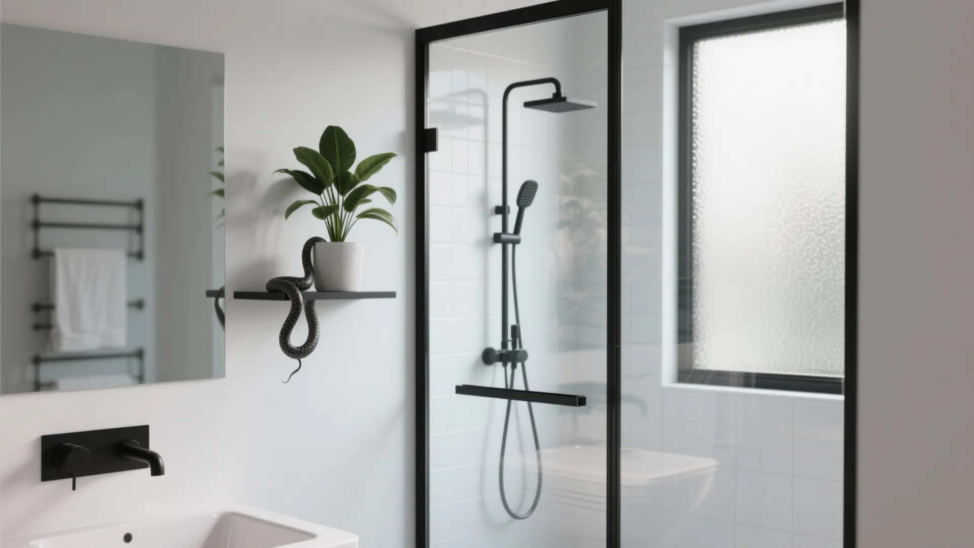 5. Glass shower with black frame and potted greenery