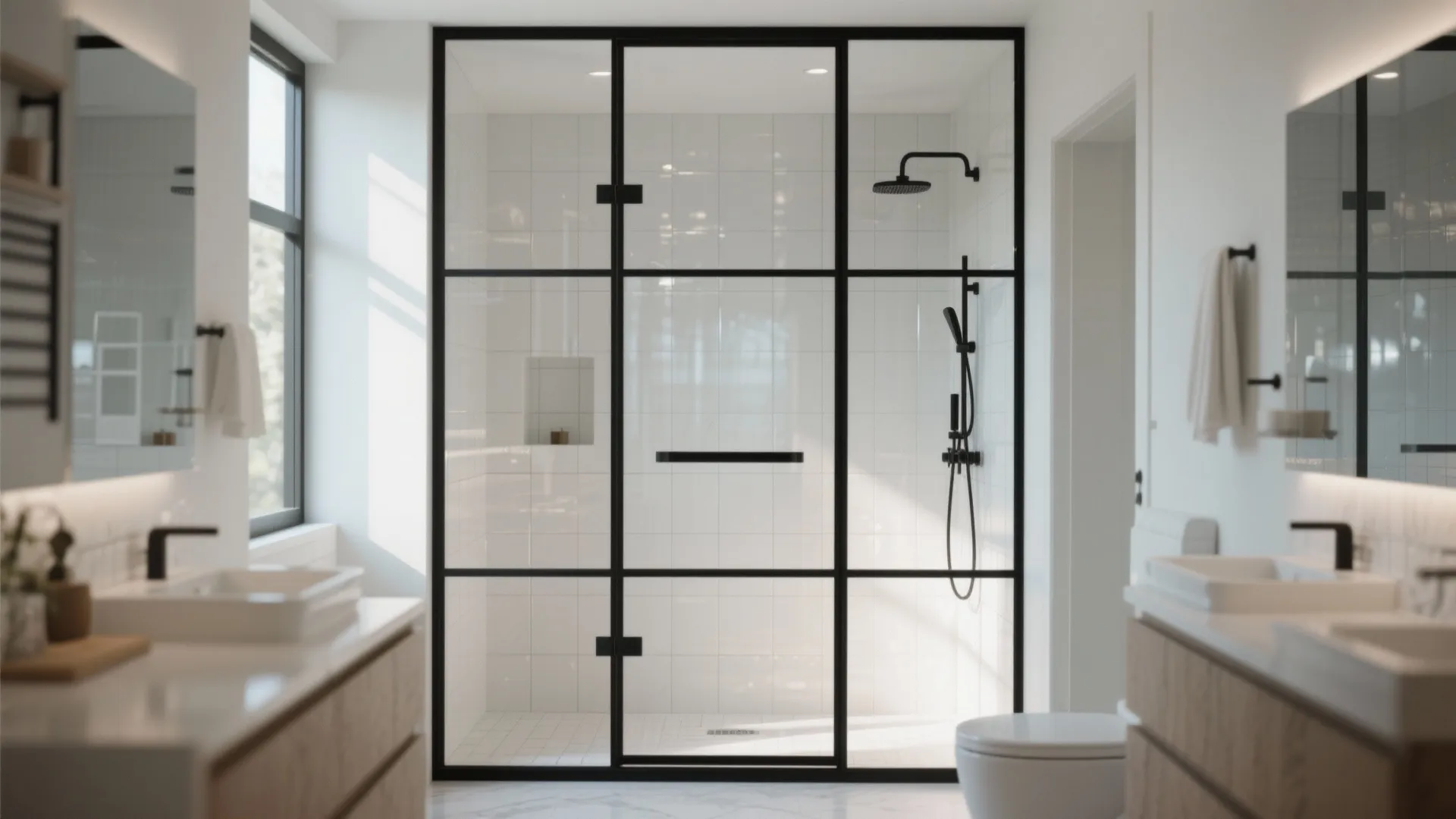 Modern bathroom featuring large glass shower with black frames white double vanity and bright light