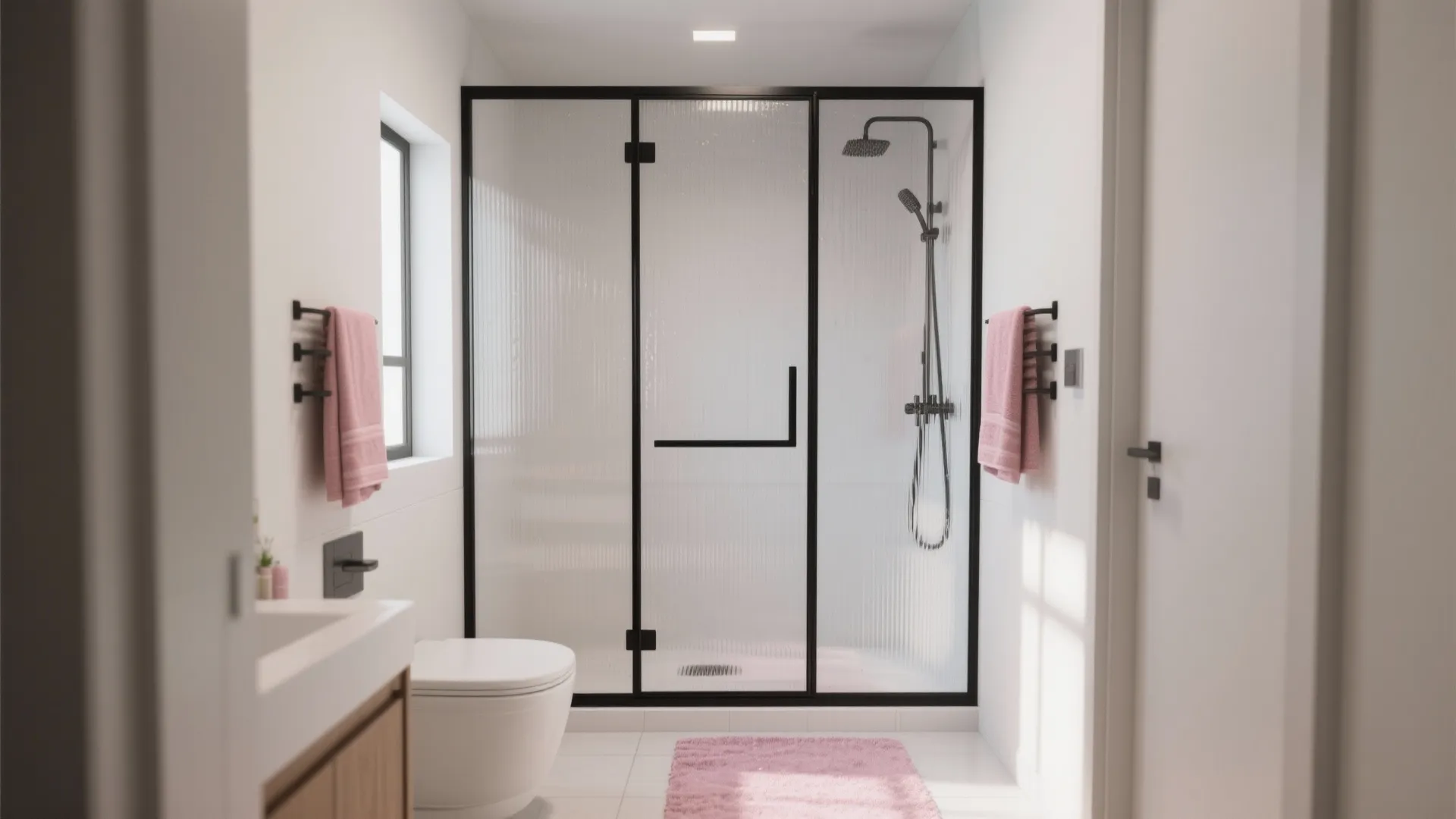 4: Black-framed glass shower with soft-pink accents