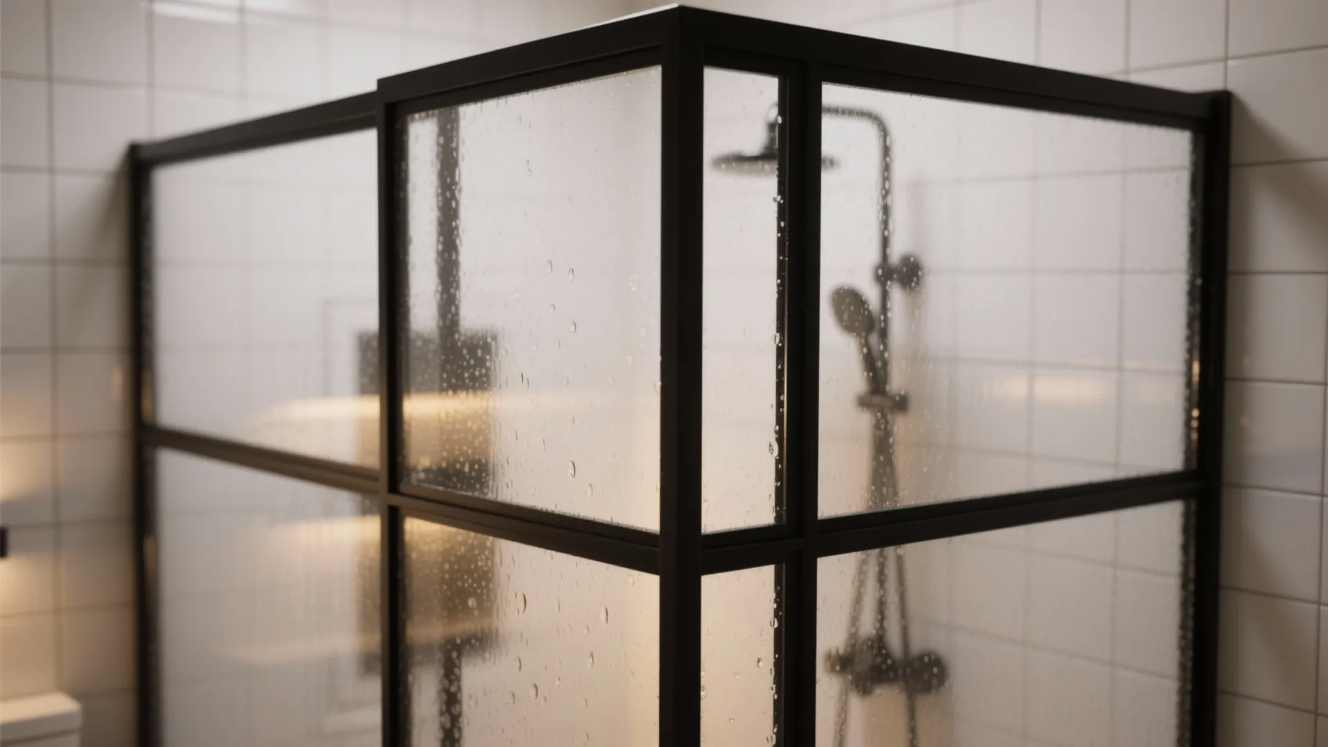 Close-up of matte black-framed shower glass with droplets and white tile background.