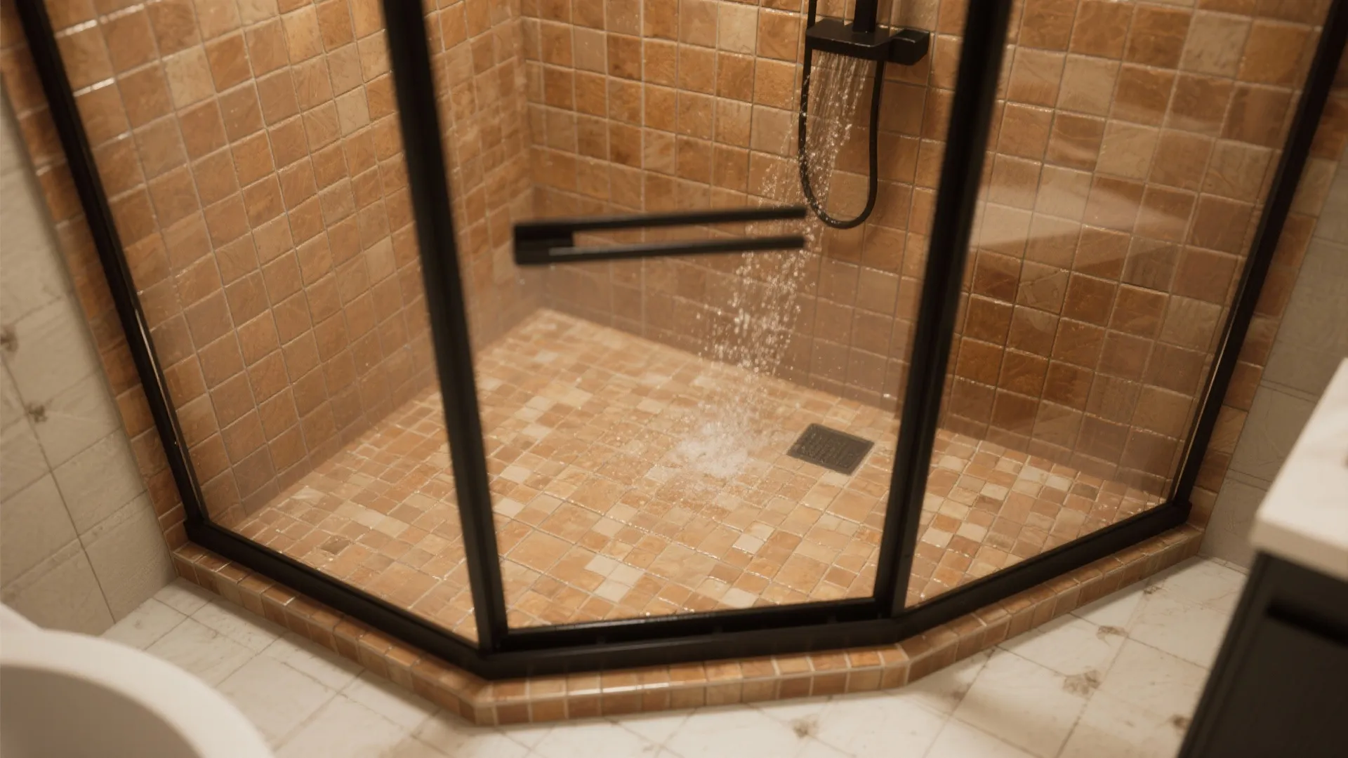 4. Black-framed glass shower with tan mosaic floor
