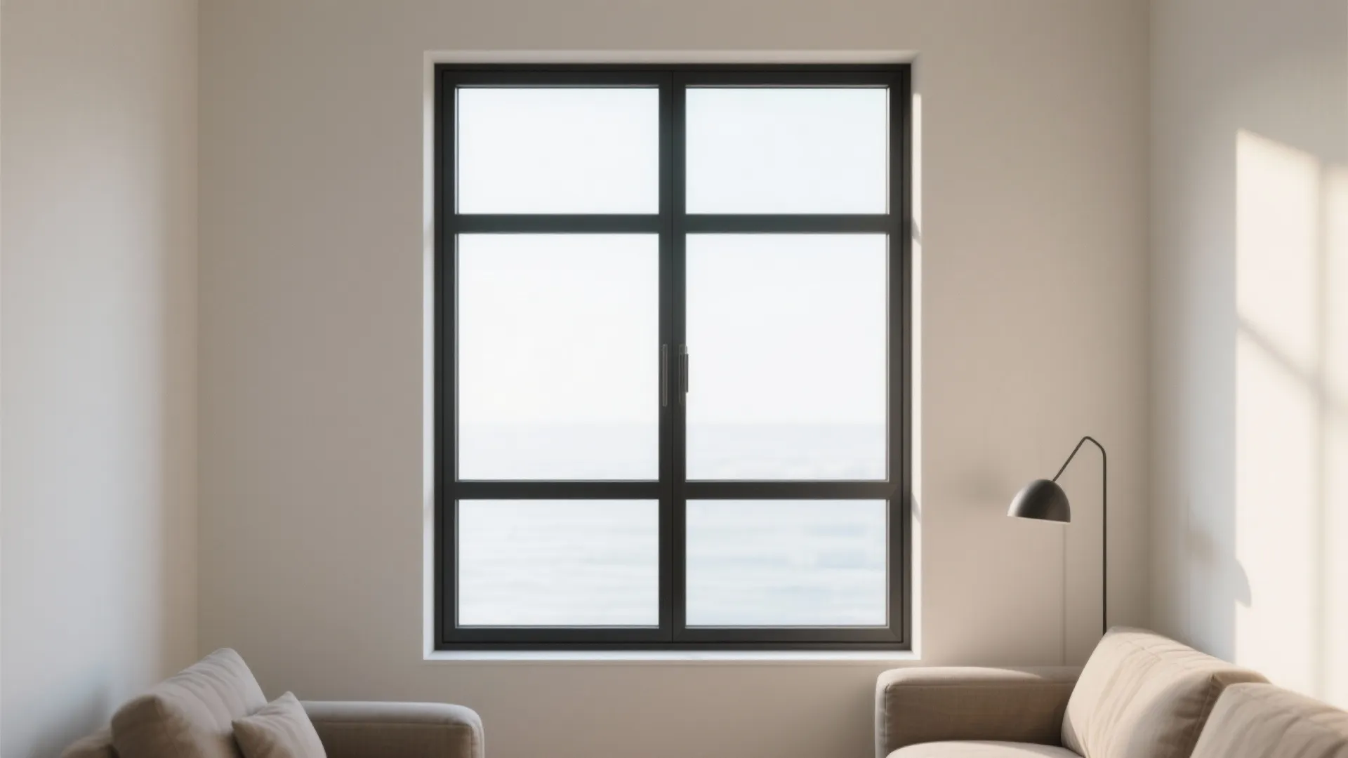 Large black frame window between beige sofas with a black floor lamp against the walls