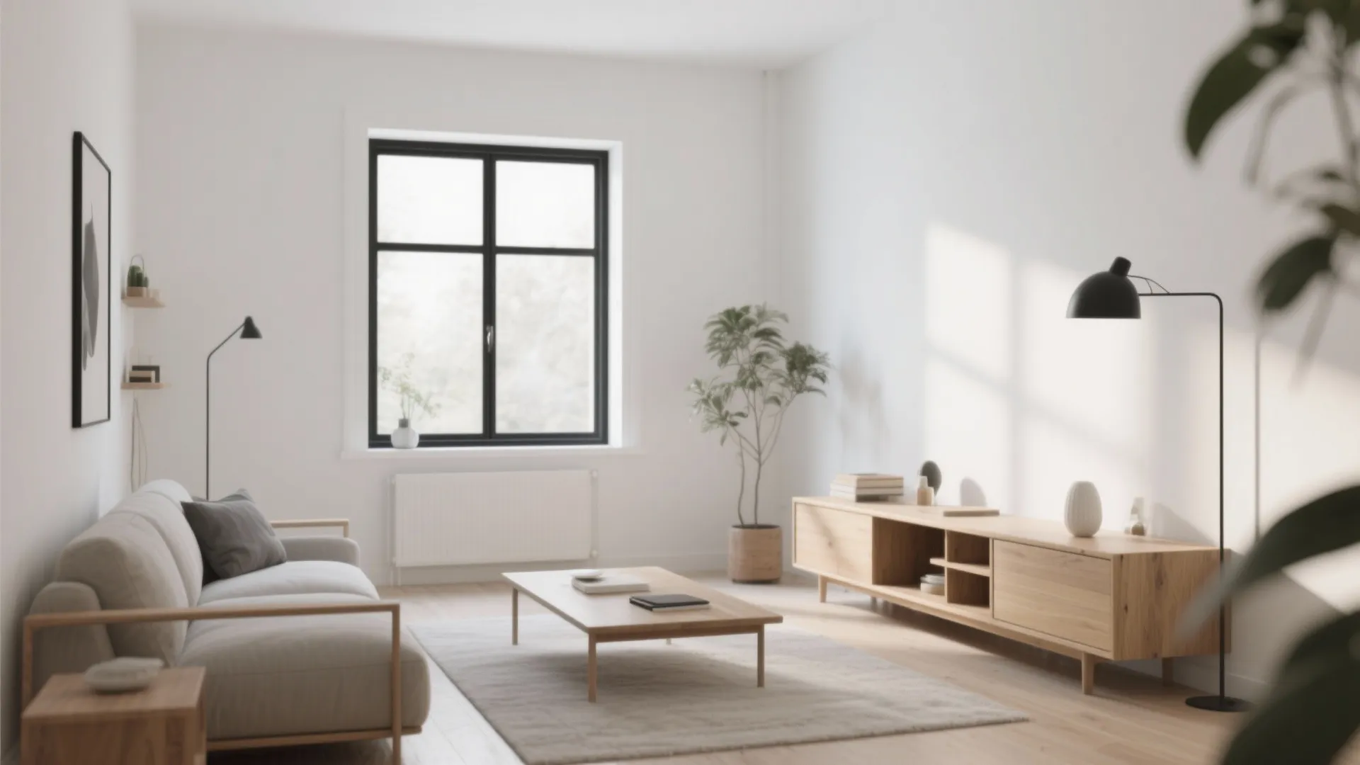 Minimalist white living room with black frame window, wooden cabinet, coffee table, rug, and lamp