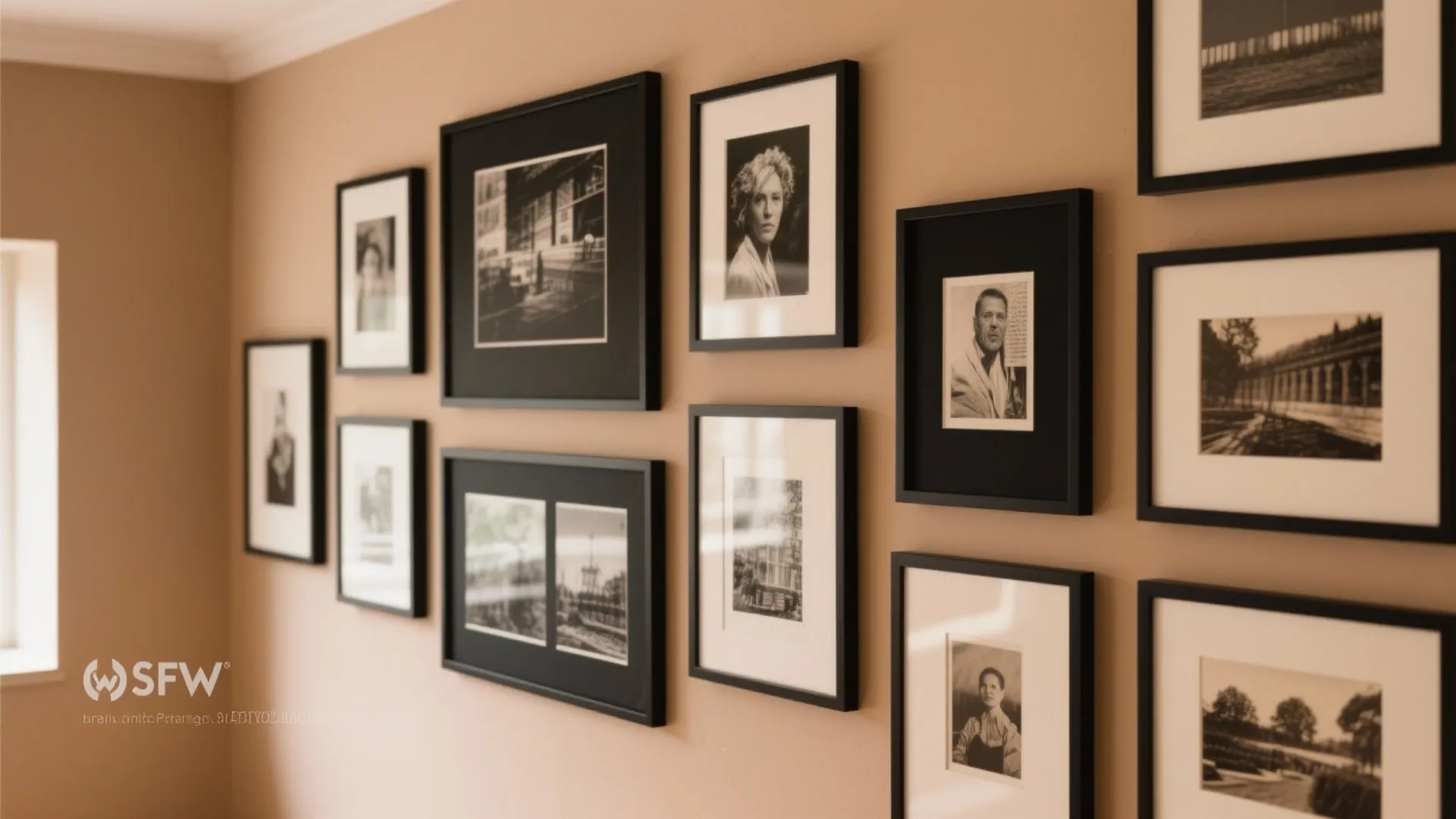 Gallery wall featuring several black framed pictures and portraits hung on a warm beige painted wall