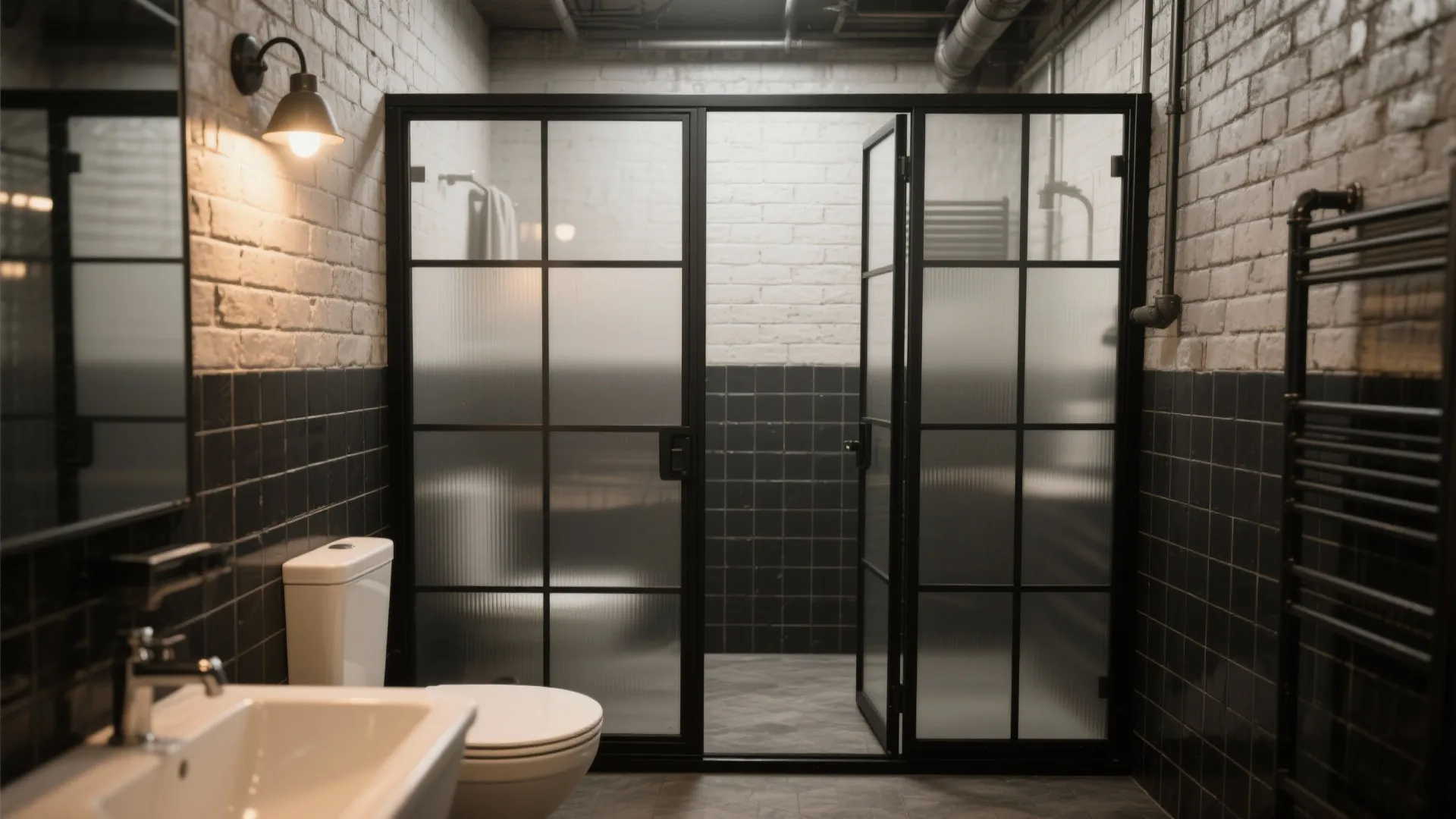 Industrial bathroom with black framed glass shower doors white brick walls and dark floor tiles