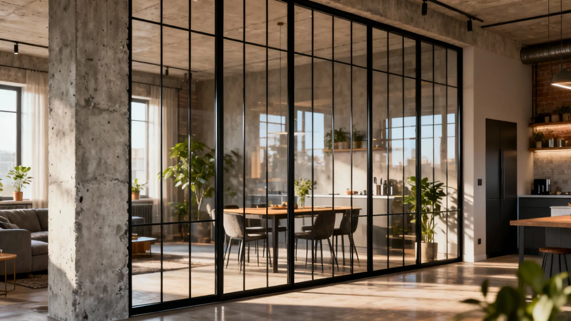1. Slim black-framed glass wall for modern loft vibes