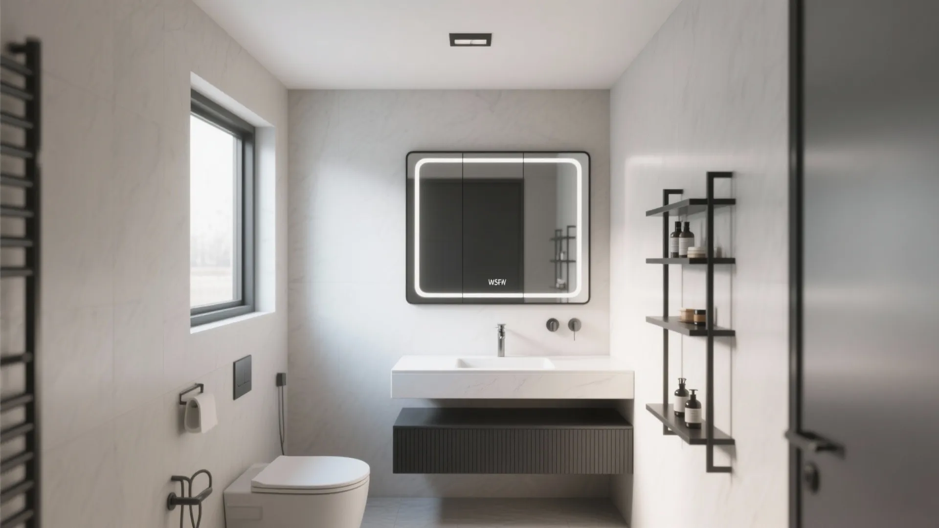 3. Black-Framed Mirrors and Shelving