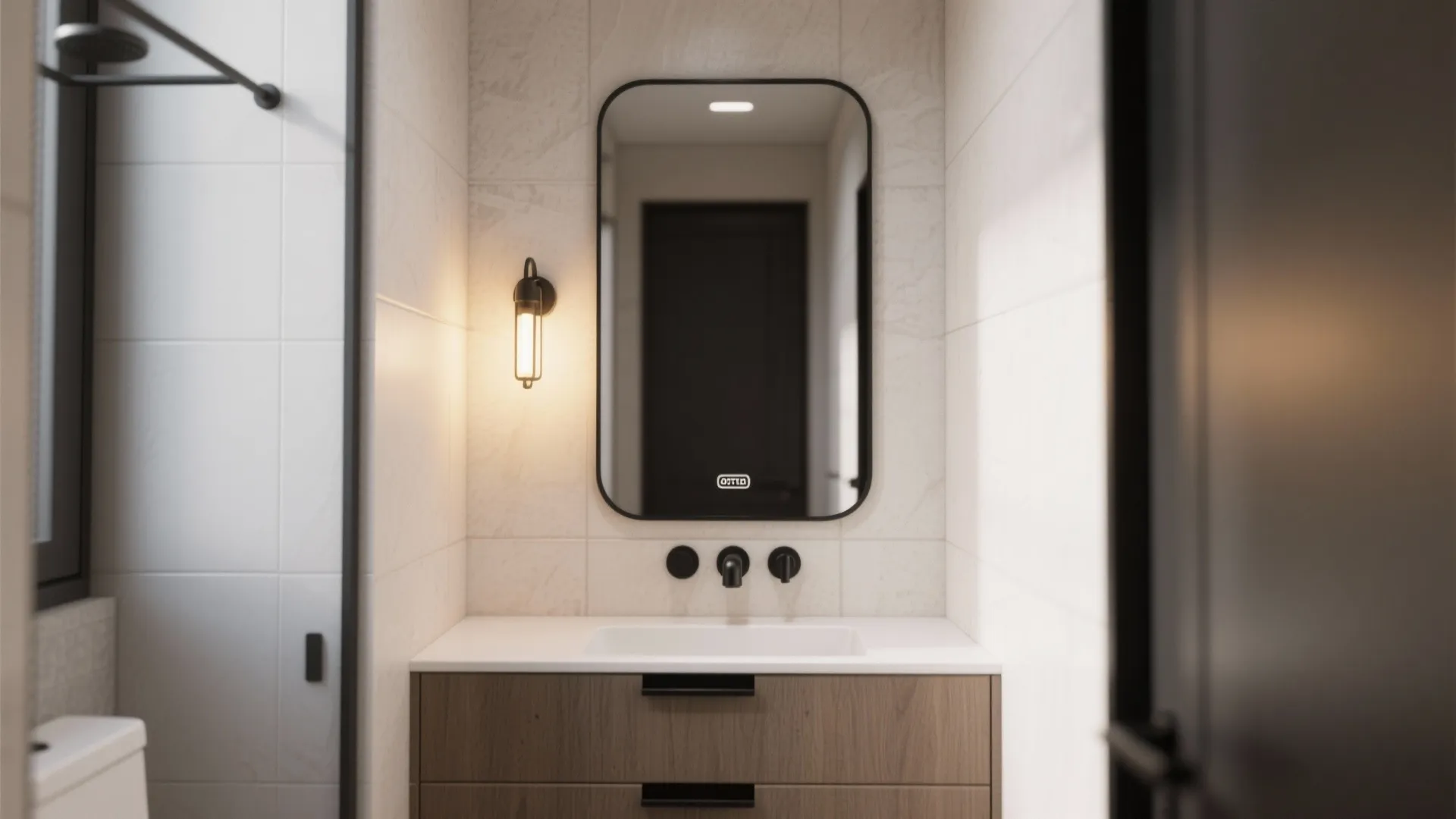 3. Black-framed mirror and matching hardware