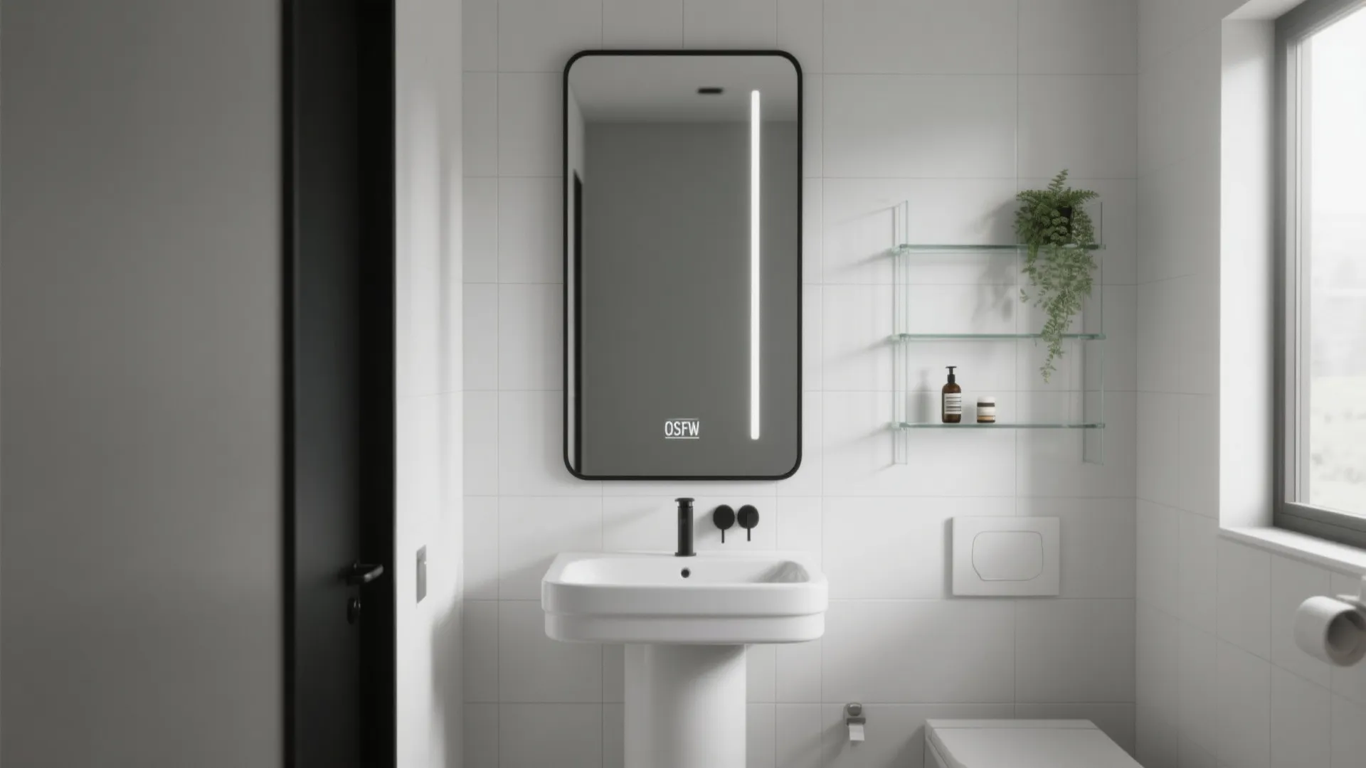 Half bath with a slim black-framed mirror above a pedestal sink adding perceived height.