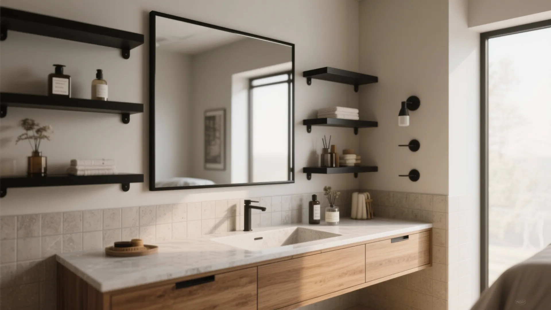 Vanity with a thin matt black framed mirror and black-bracket shelving over a warm wood unit.