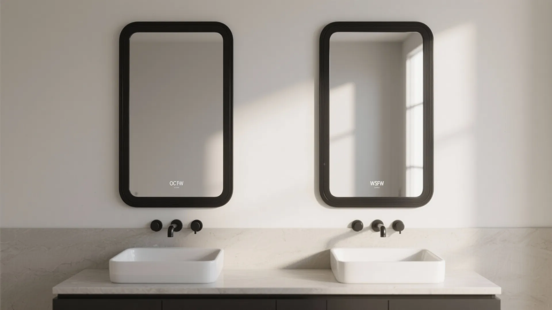 Two black framed mirrors hanging over white double sinks with black taps on marble counter