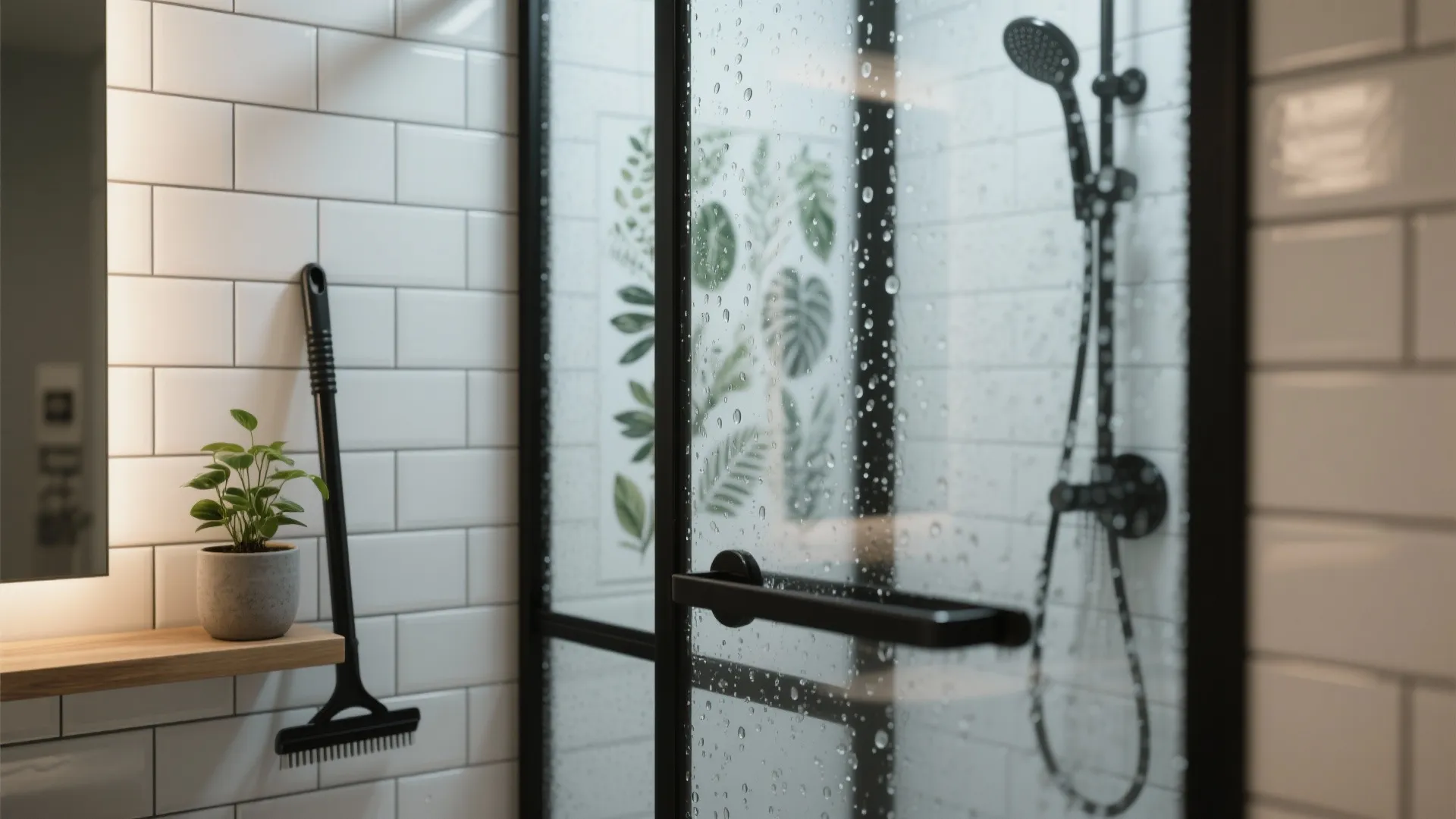 3. Black-framed glass shower with botanical accents