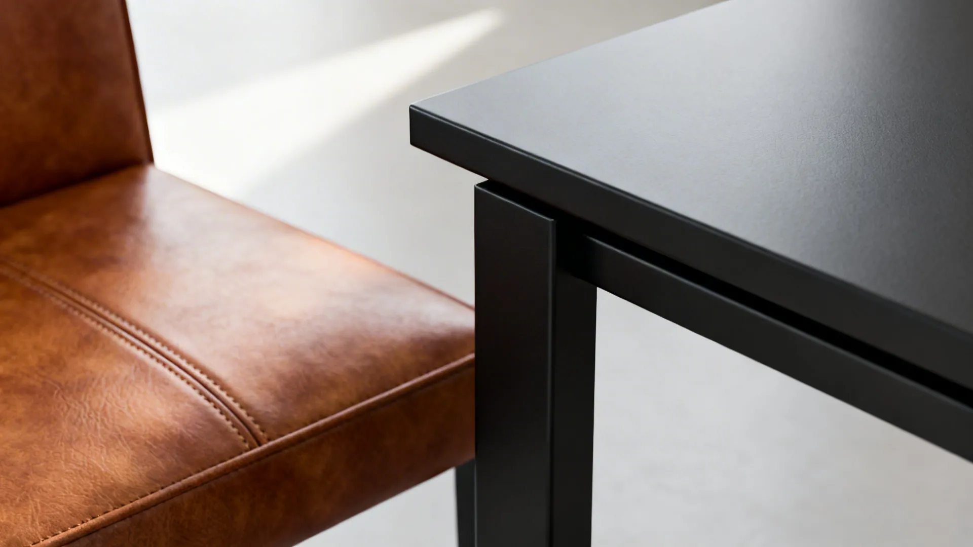 Close-up of black metal frame table beside brown leather chair showing texture contrast.