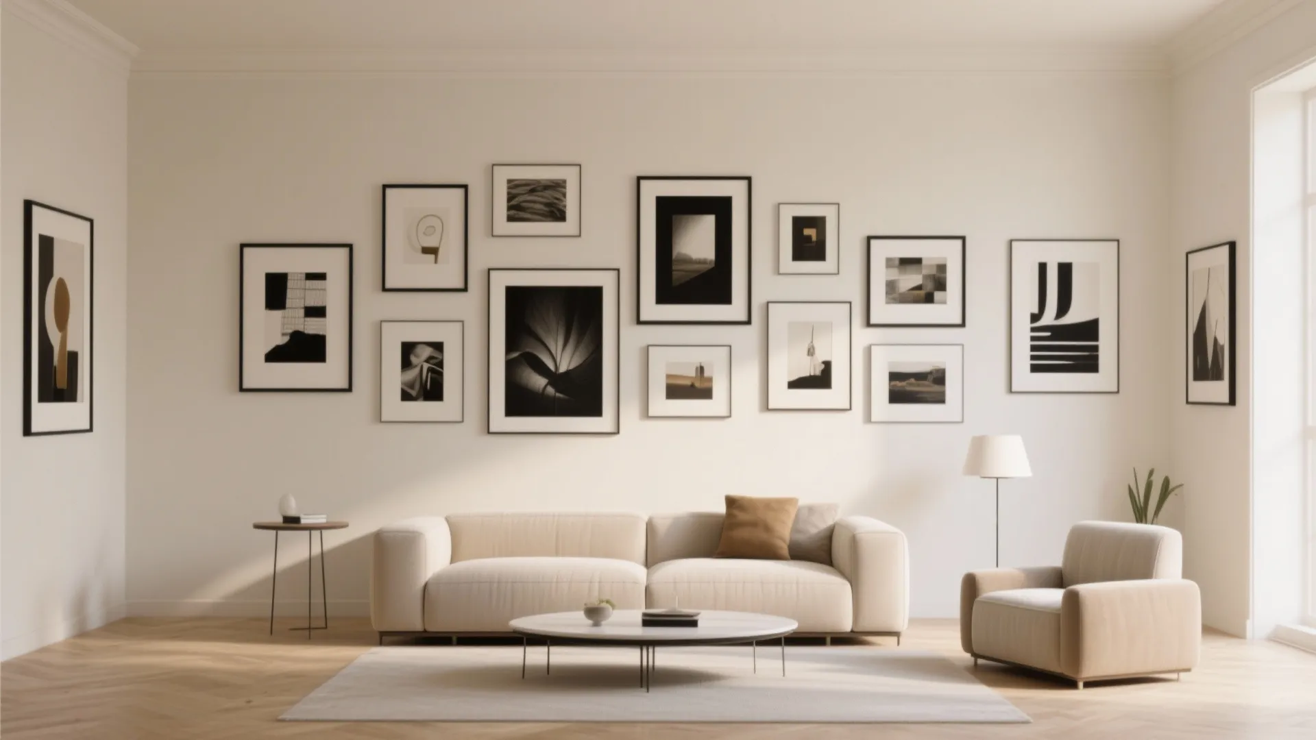 Cream walls with black-framed artwork in a living room