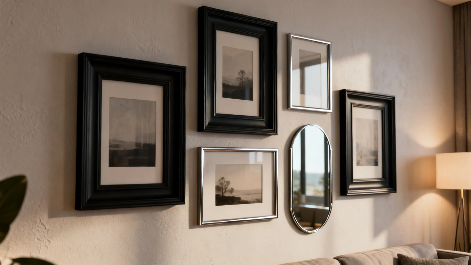 Gallery wall with alternating black and metallic frames creating rhythm and calm.