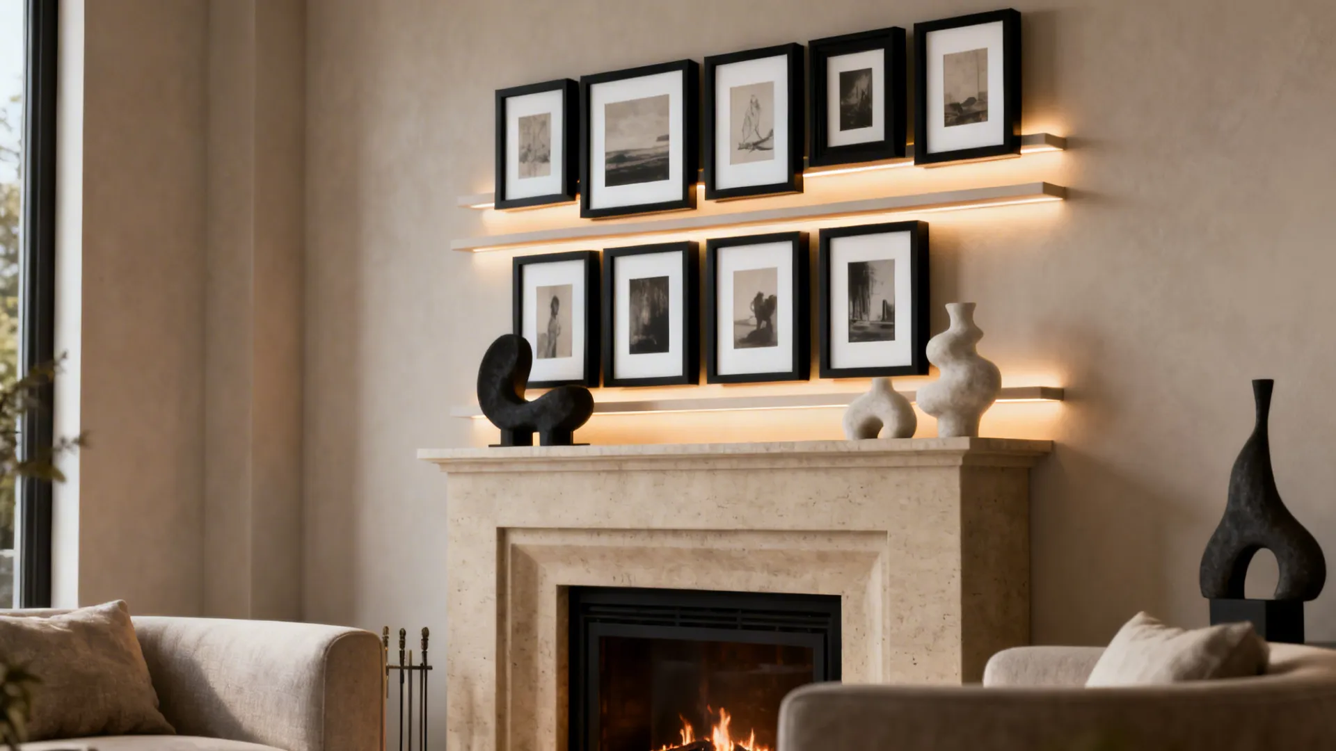 Stepped gallery wall of black frames with white mats above a fireplace in a monochrome living room.
