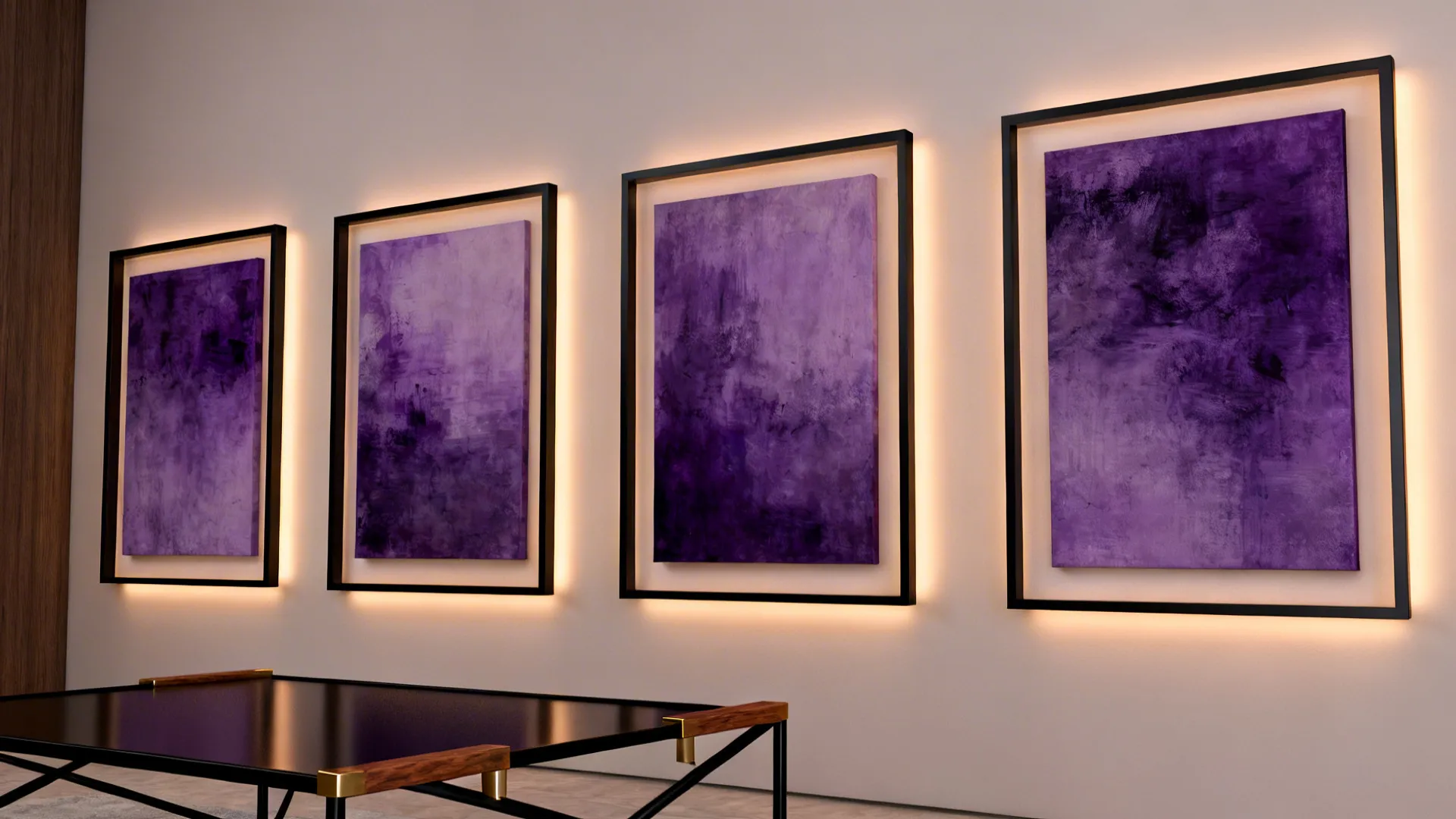 Four purple abstract paintings with black frames and backlighting on white wall above black table