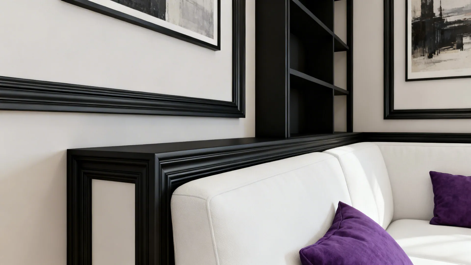 Black picture-frame molding and slim shelving framing a white sofa with purple cushions