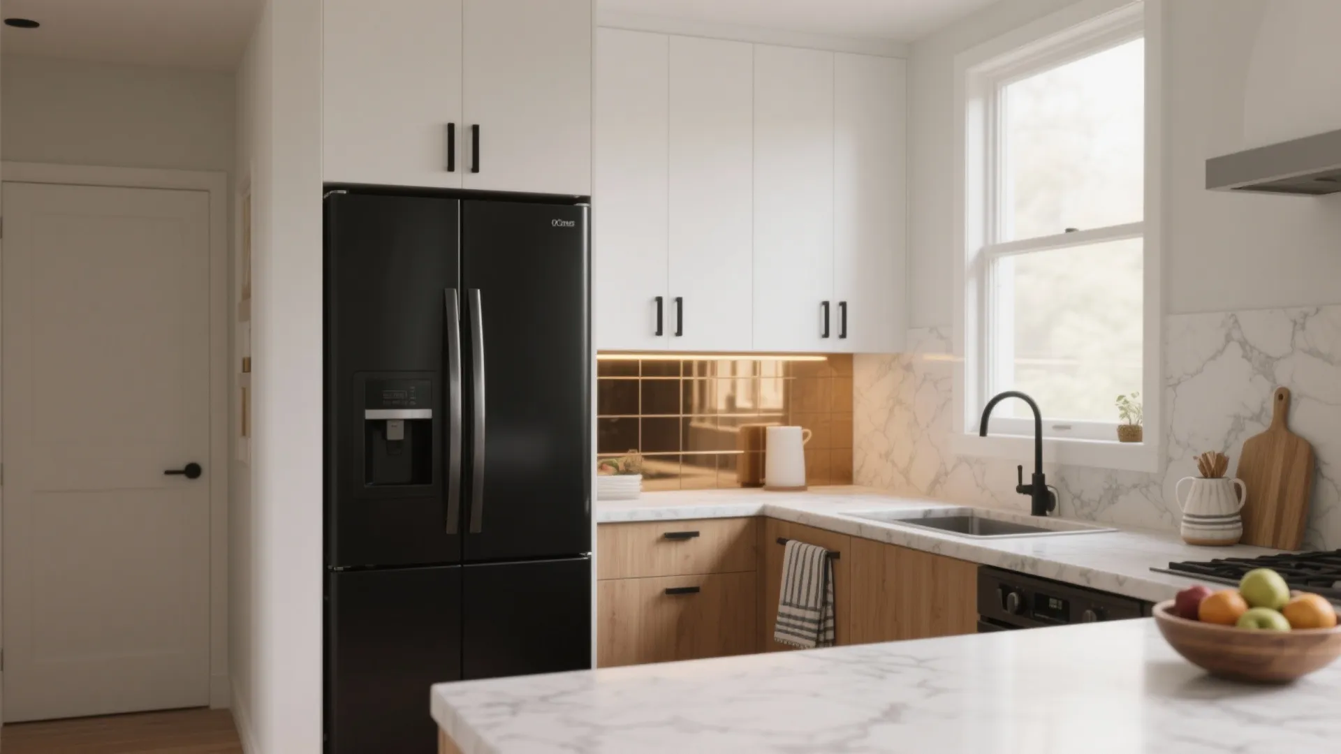 Modern kitchen with black fridge white cabinets wood drawers marble countertop sink window and light