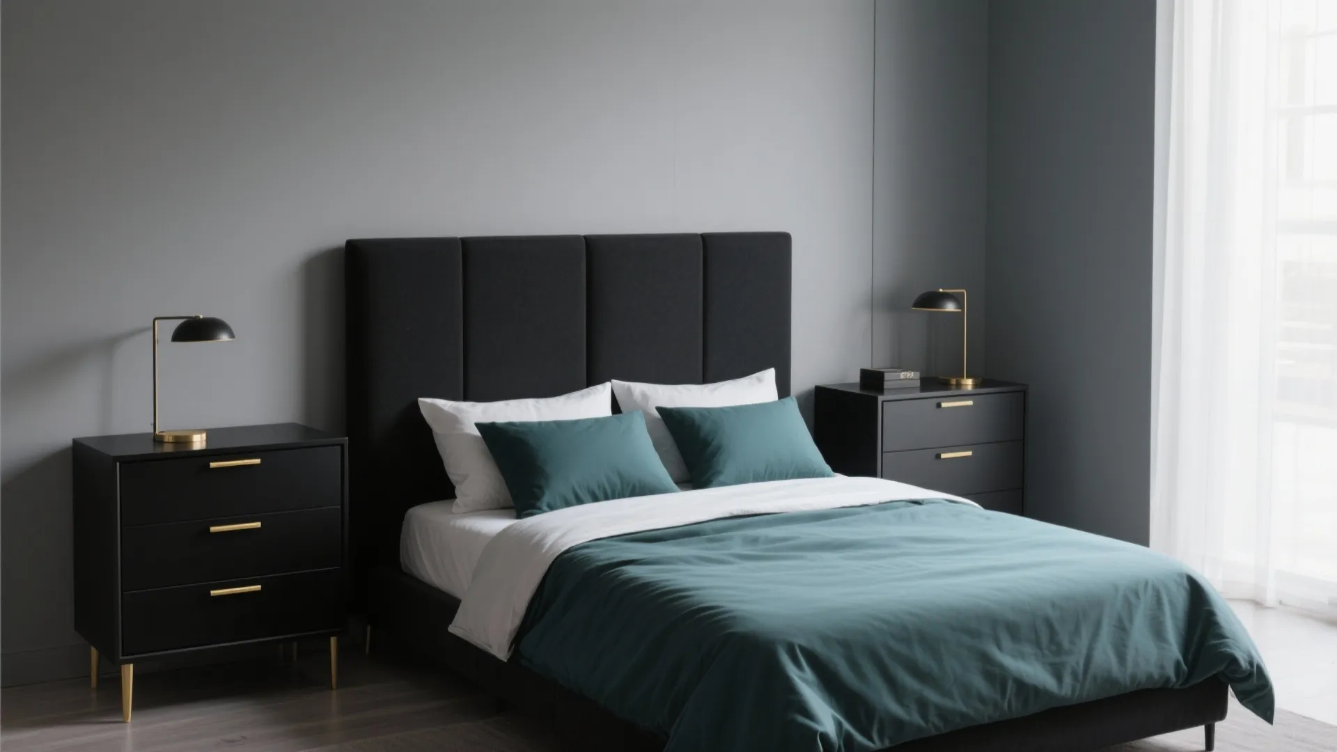 Small bedroom with black furniture and teal accents