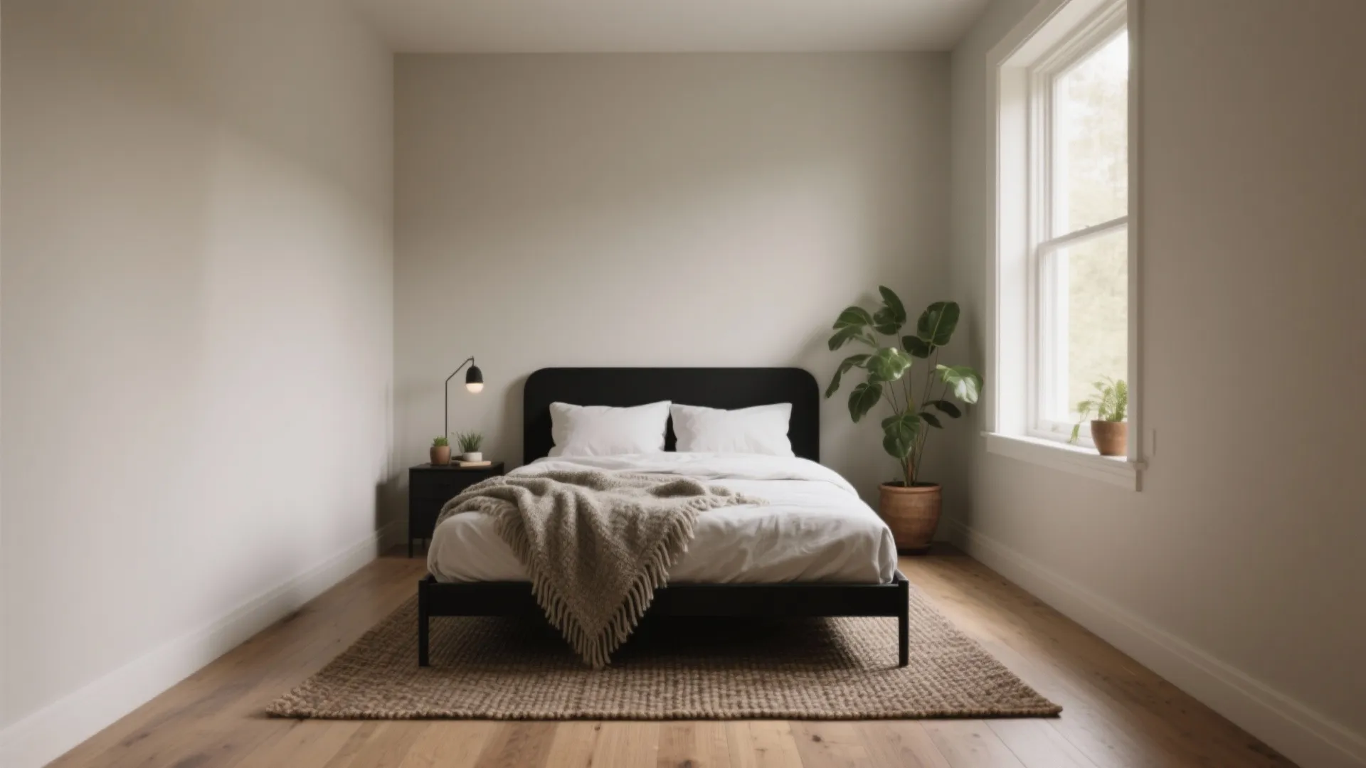 Simple bedroom with greige walls, black bed, white bedding, woven rug, and large potted plant