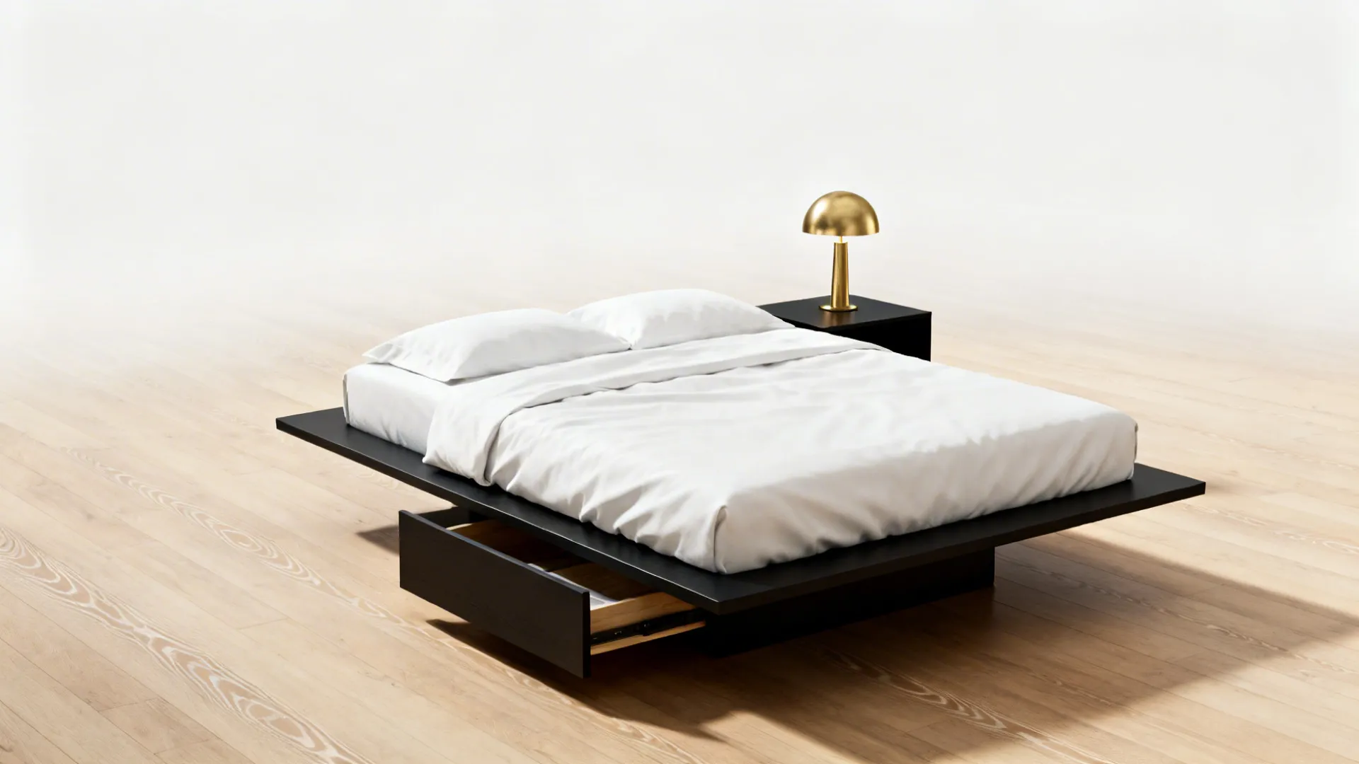 Minimalist black bed with white bedding featuring an open storage drawer and a gold lamp