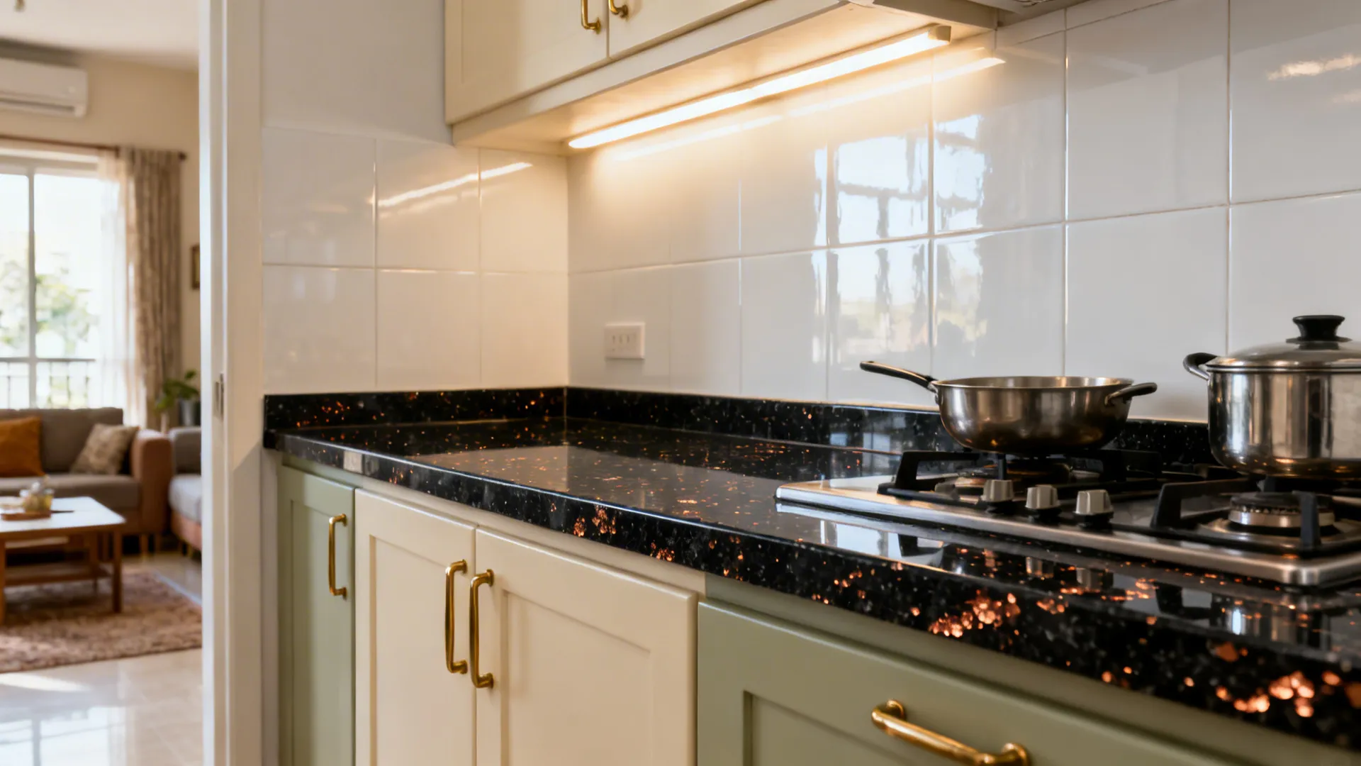 Polished Black Galaxy granite with matte brass handles and white backsplash in a compact kitchen.