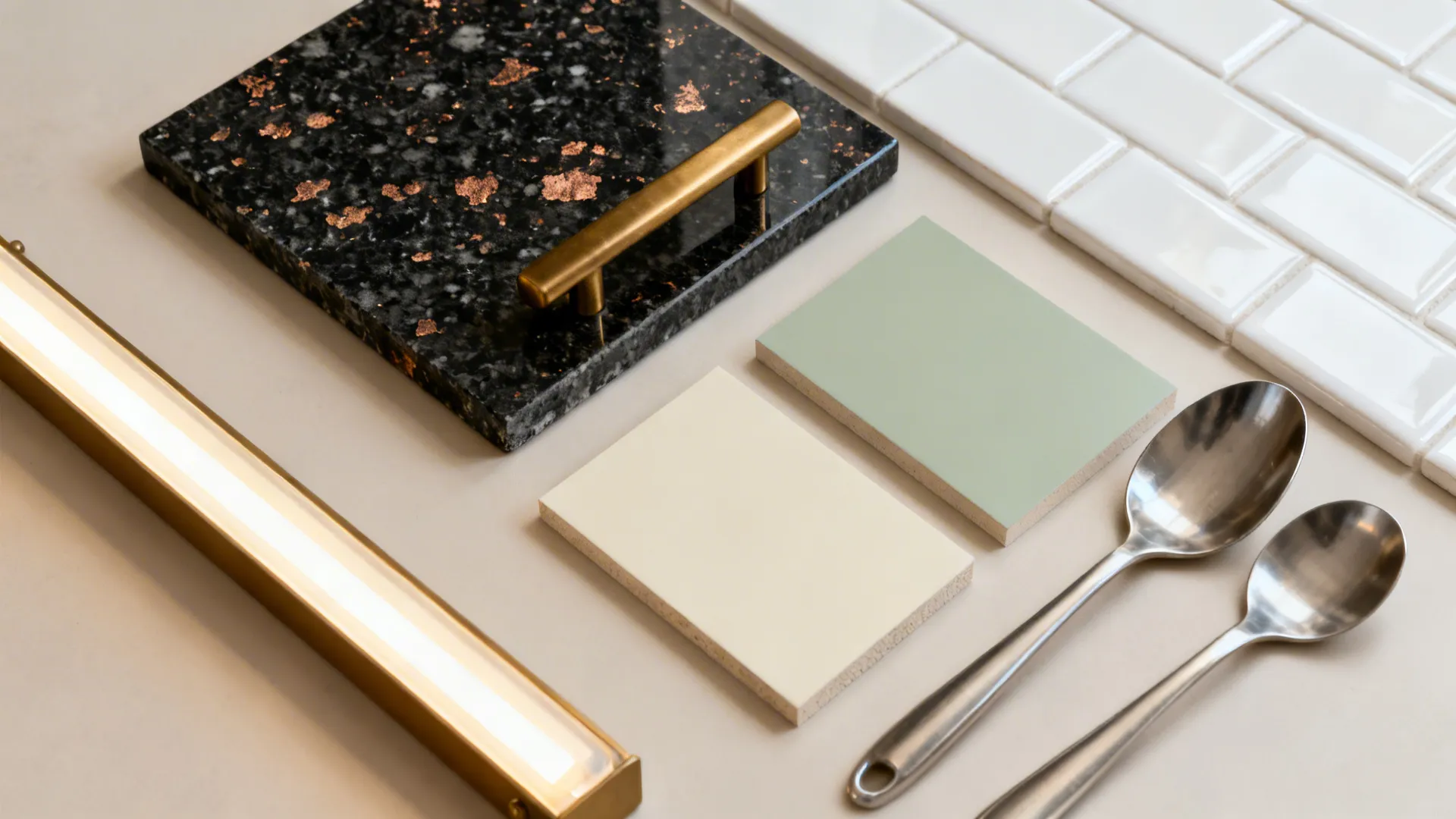 Flatlay with Black Galaxy granite, brass handle, ivory and sage swatches, and white tile.