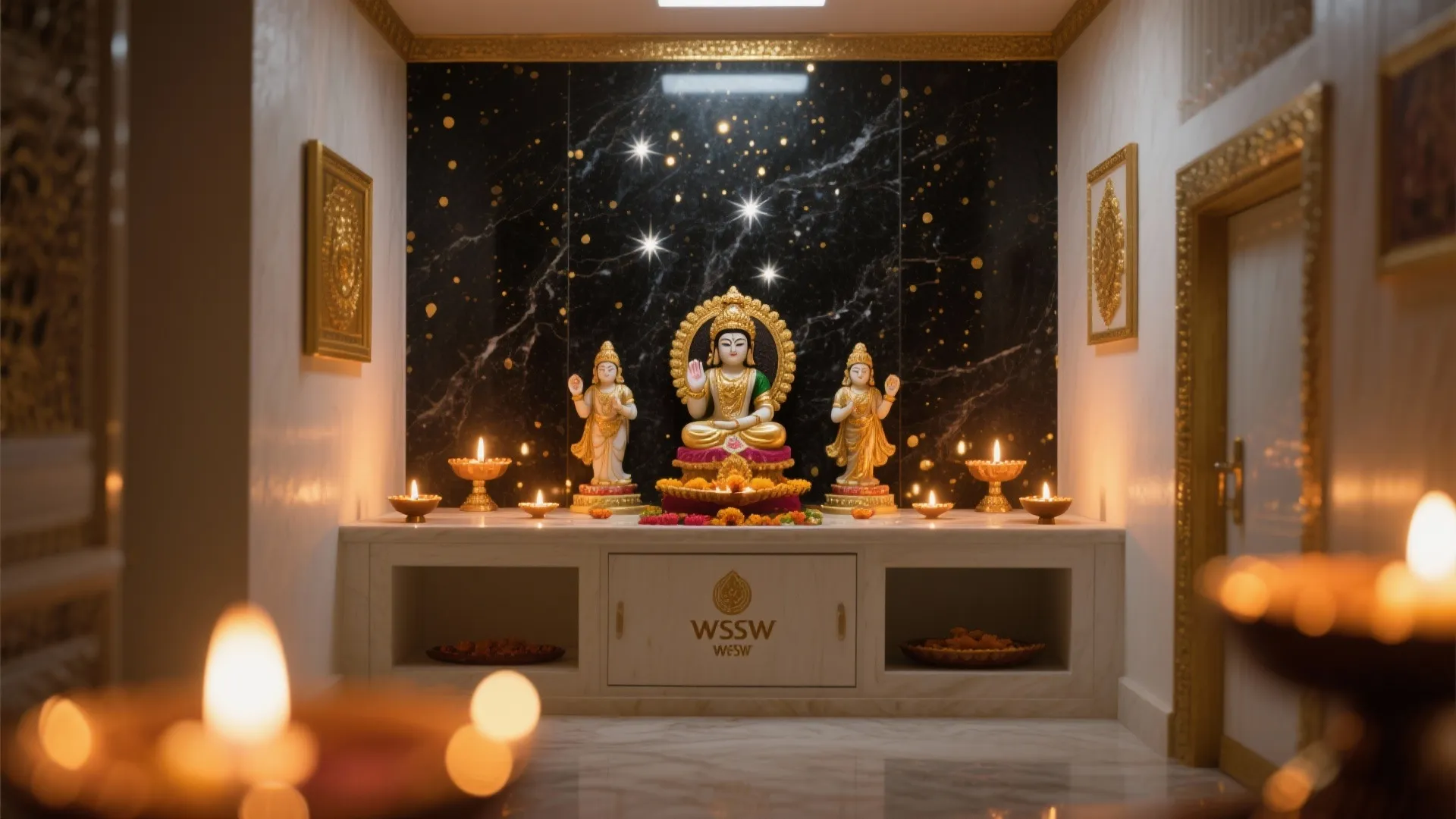 Small prayer room with black marble background gold statues small candles and white storage cabinet