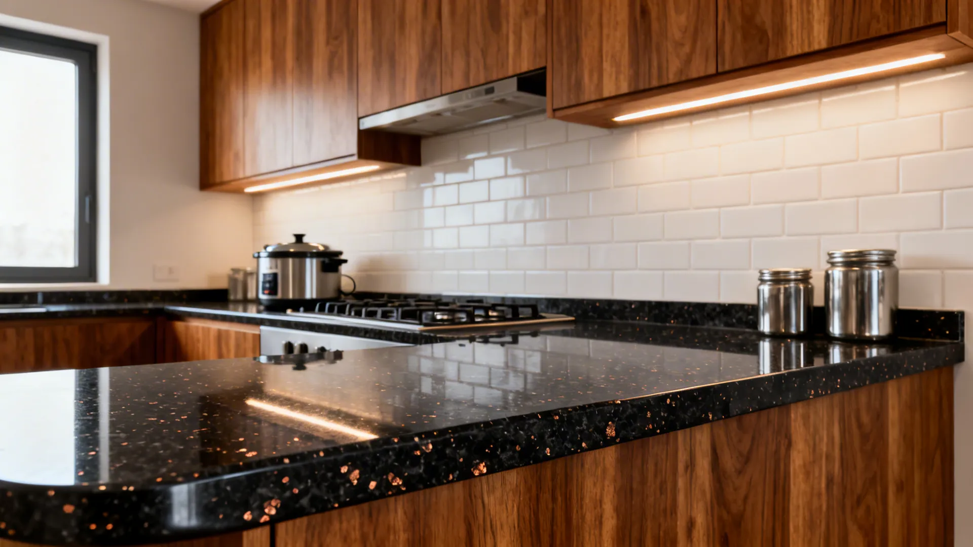 Black Galaxy granite countertop with warm teak cabinets and light backsplash in a compact kitchen.