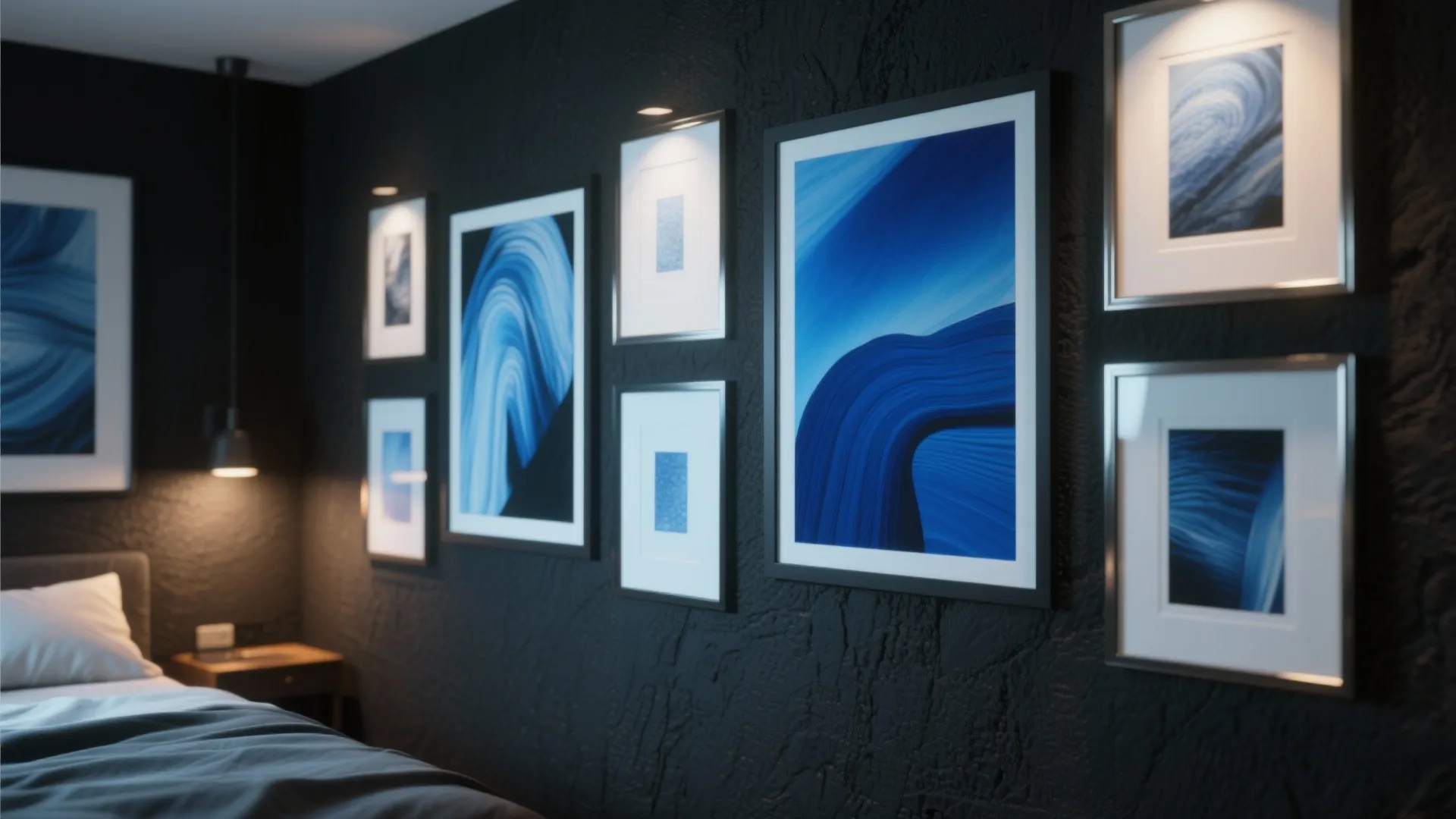 5. Blue Artwork on Black Gallery Wall