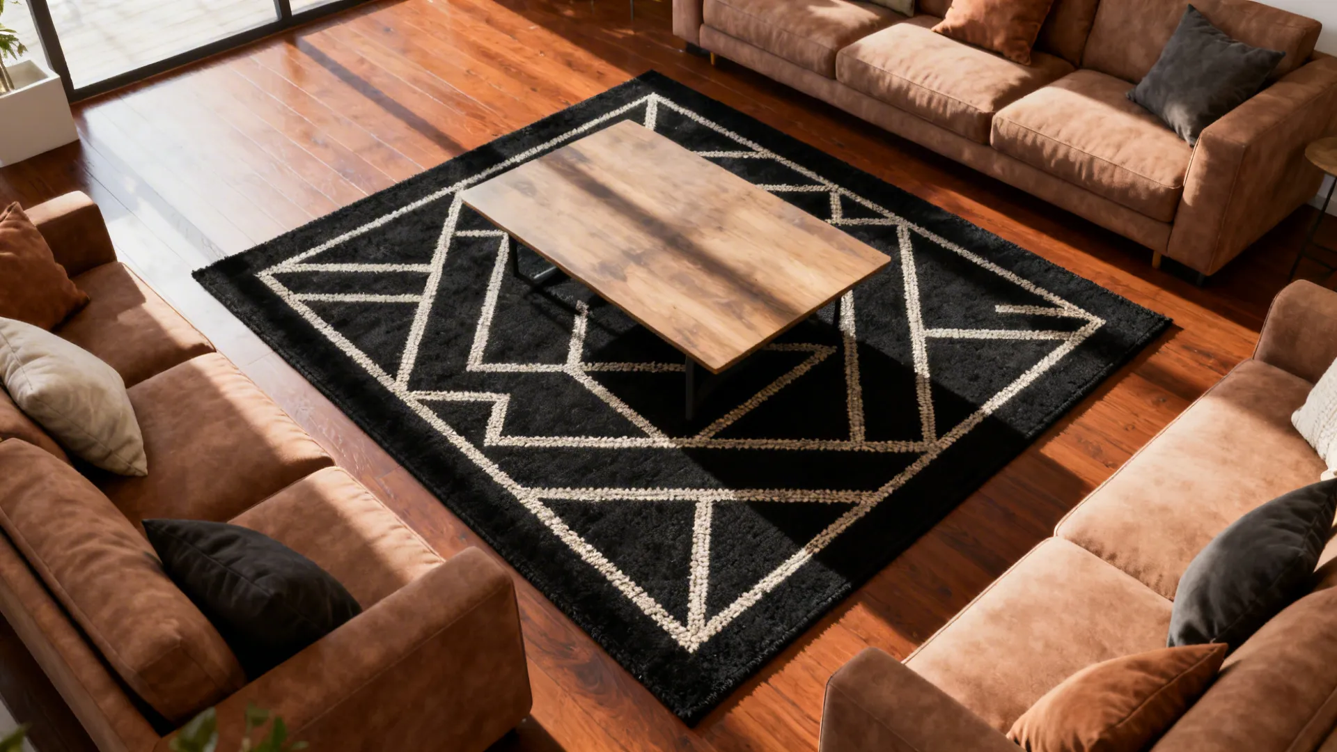 Black geometric rug on warm brown hardwood floor anchoring a seating area.