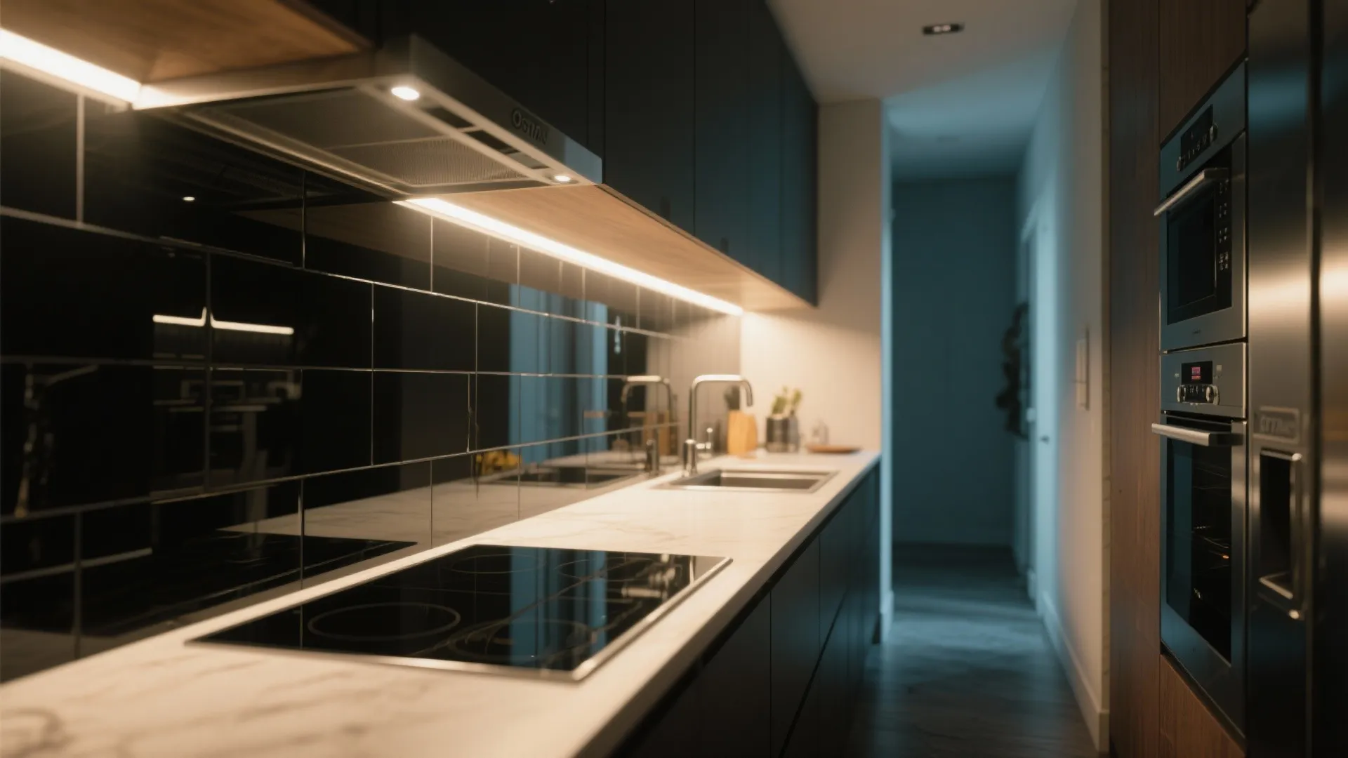 Modern dark kitchen with black wall tiles under cabinet lighting and built in wall ovens