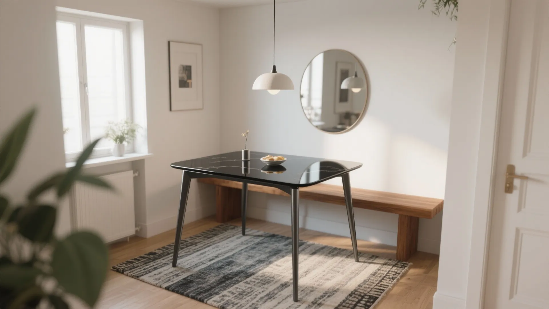Modern room with black glass dining table white walls wooden bench round mirror and light