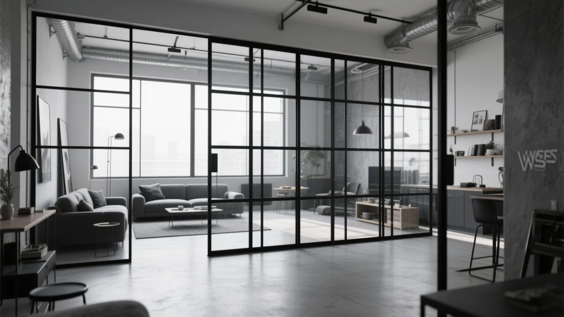 Industrial living room with black glass partition wall separating a grey sofa and home office