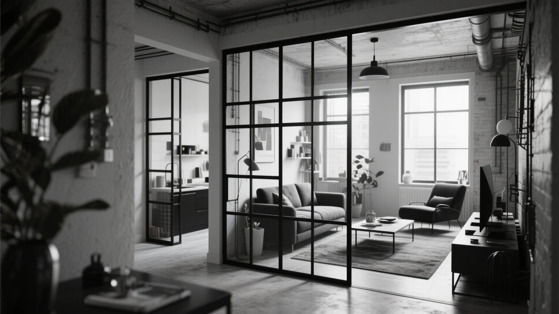 4. Black-Framed Glass Partitions