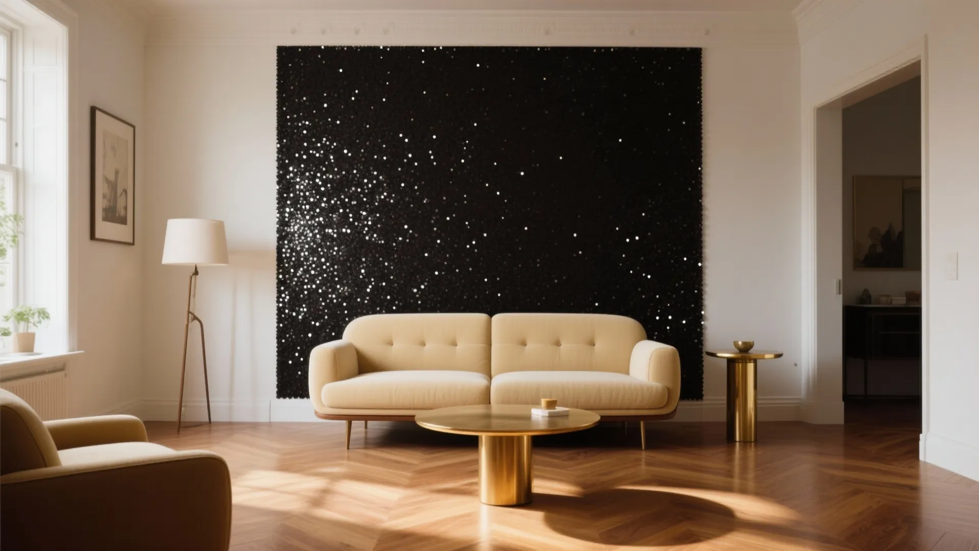 Modern living room with yellow sofa golden coffee table floor lamp and black glitter wall