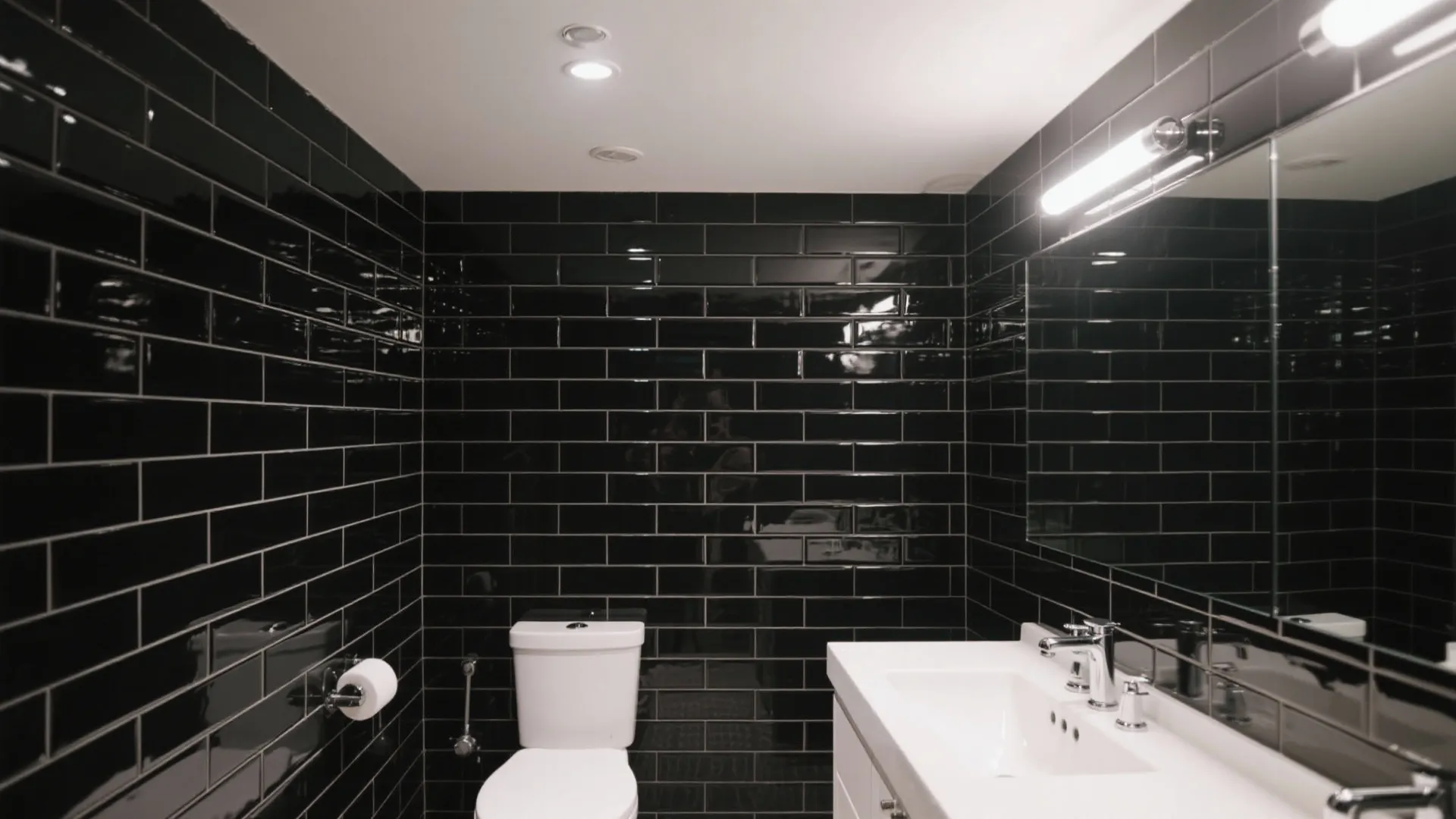 Modern bathroom with black glossy wall tiles white toilet sink and mirror with wall light