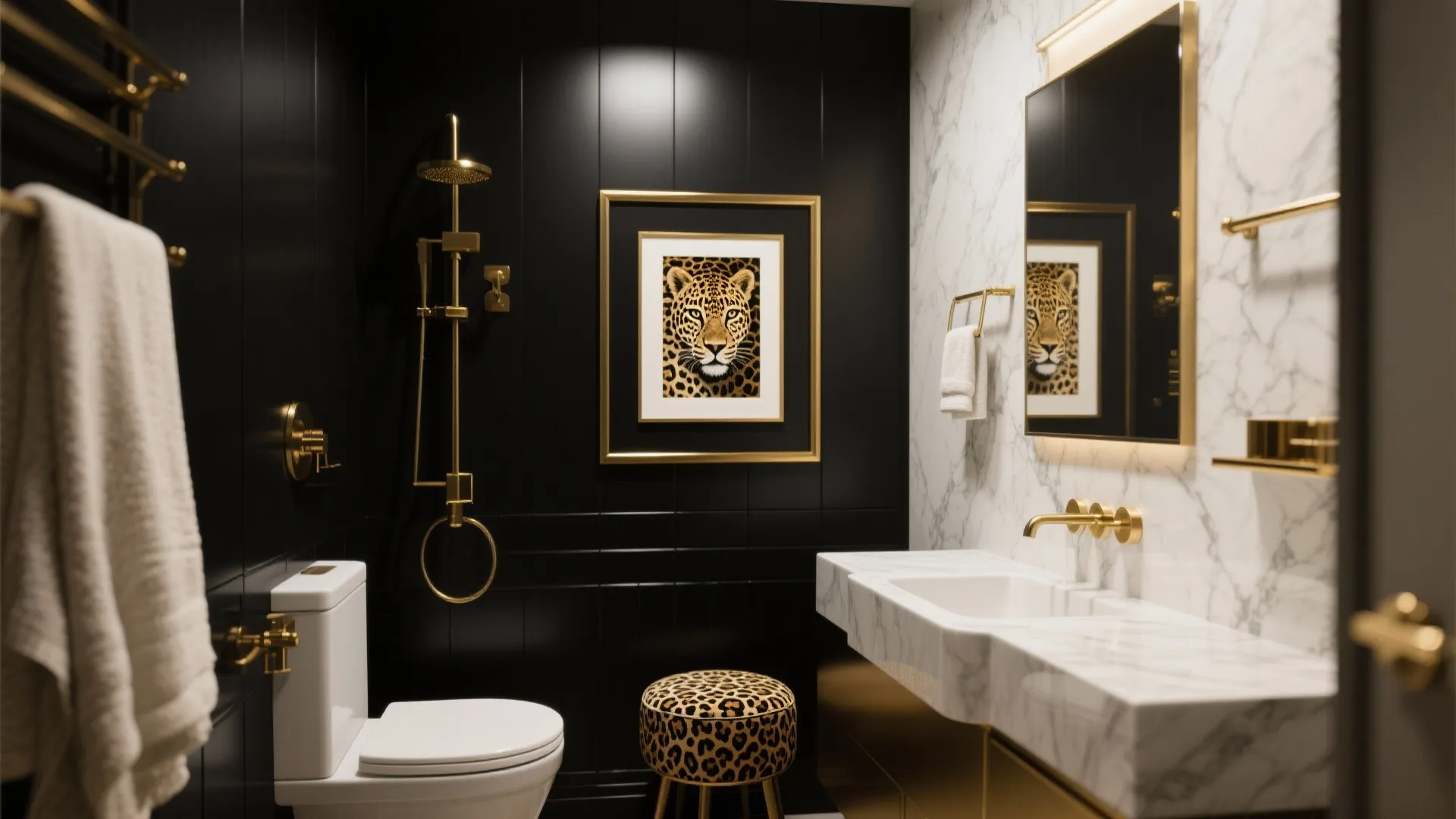Luxury bathroom featuring black wall panel marble sink gold shower head and leopard print stool