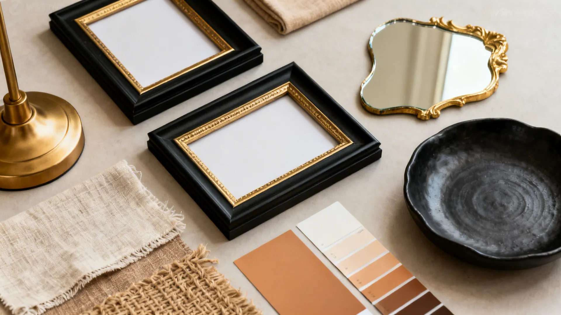 Flatlay of black and gold accessories and fabric swatches for cohesive small-room styling.