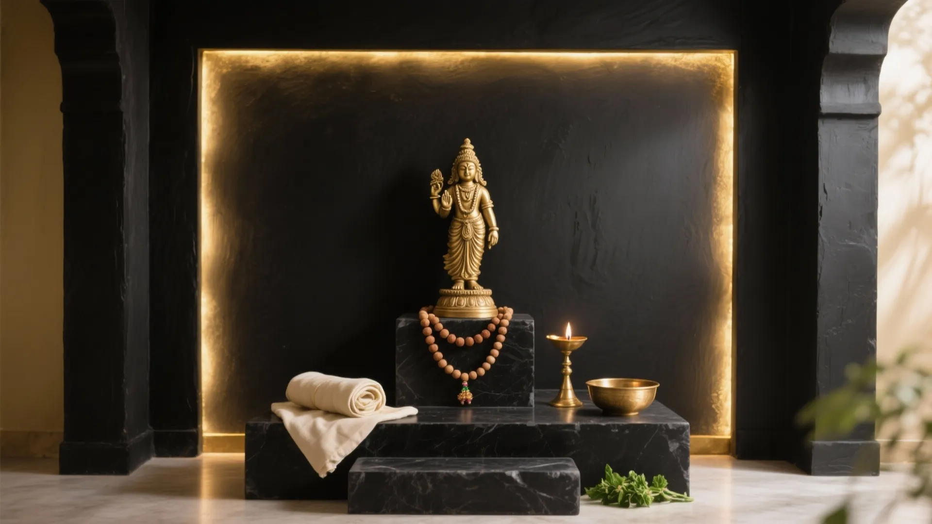 Golden statue on black marble pedestal with hidden light fixture and white cloth in dark room