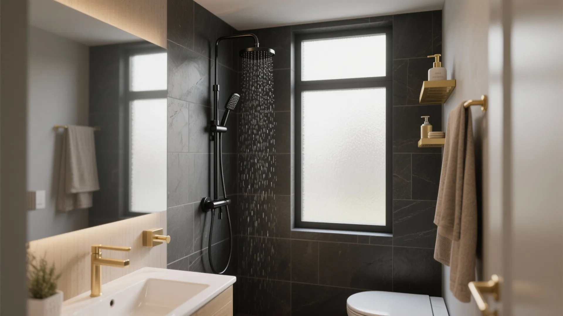 Modern bathroom interior with black shower head gold faucet white sink and frosted window glass
