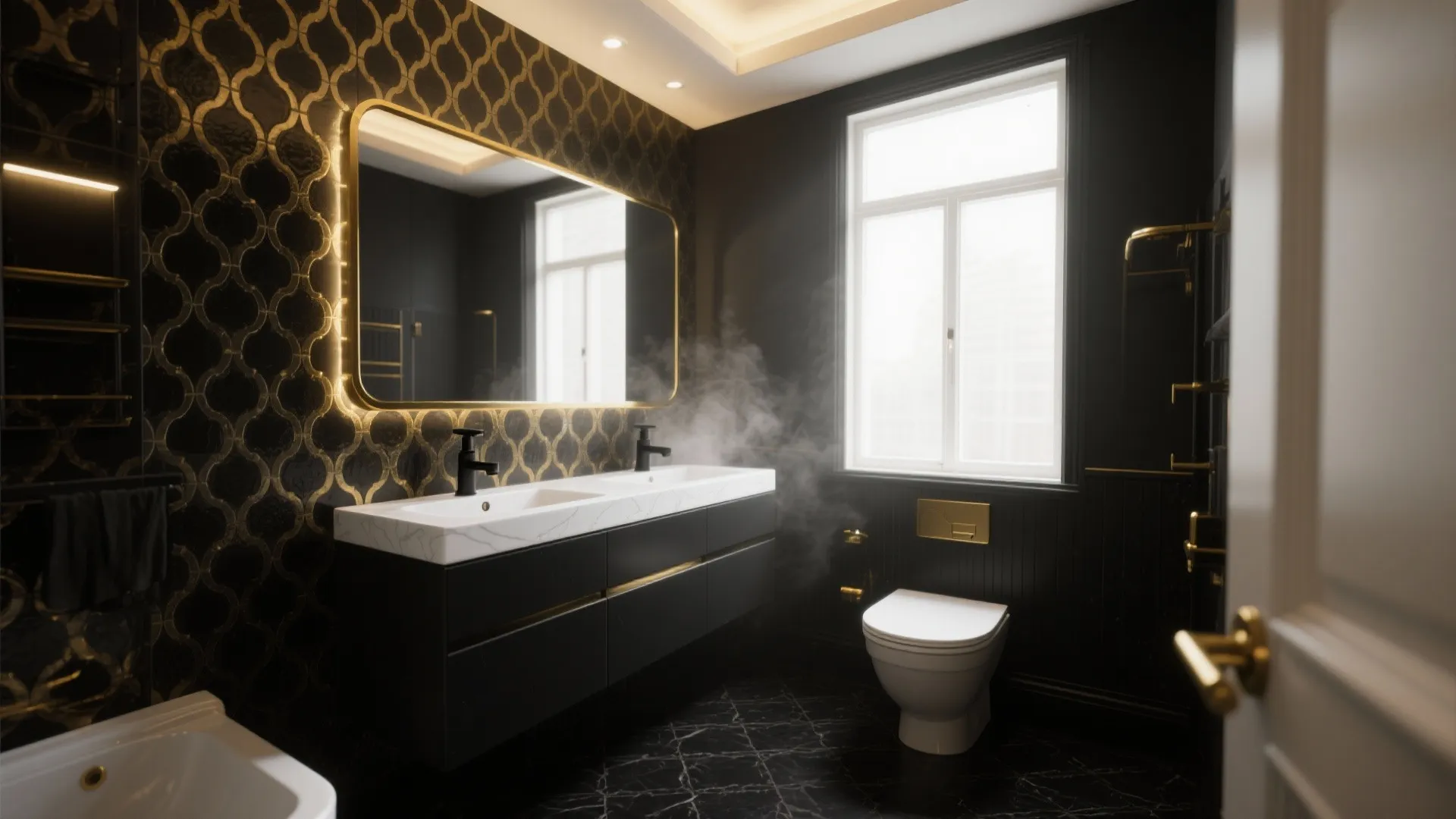 Luxury bathroom with black vanity gold patterned wall backlit mirror white toilet and bright window