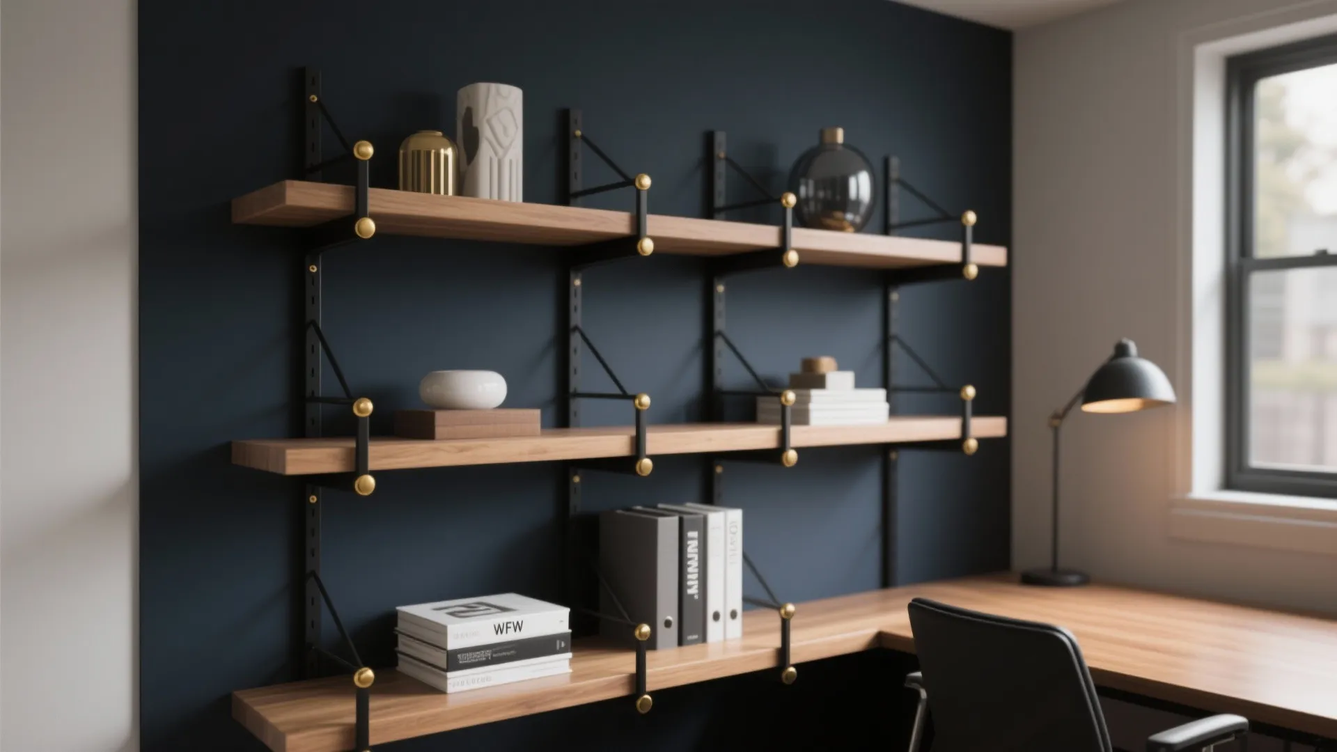 Modern home office with wooden wall shelves against dark blue wall beside a desk lamp