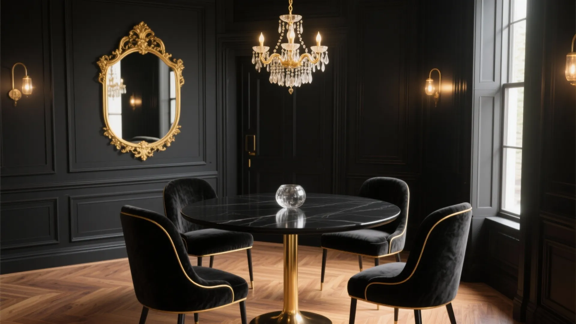 Elegant dining room with black marble table velvet chairs gold ceiling light and golden ornate mirror