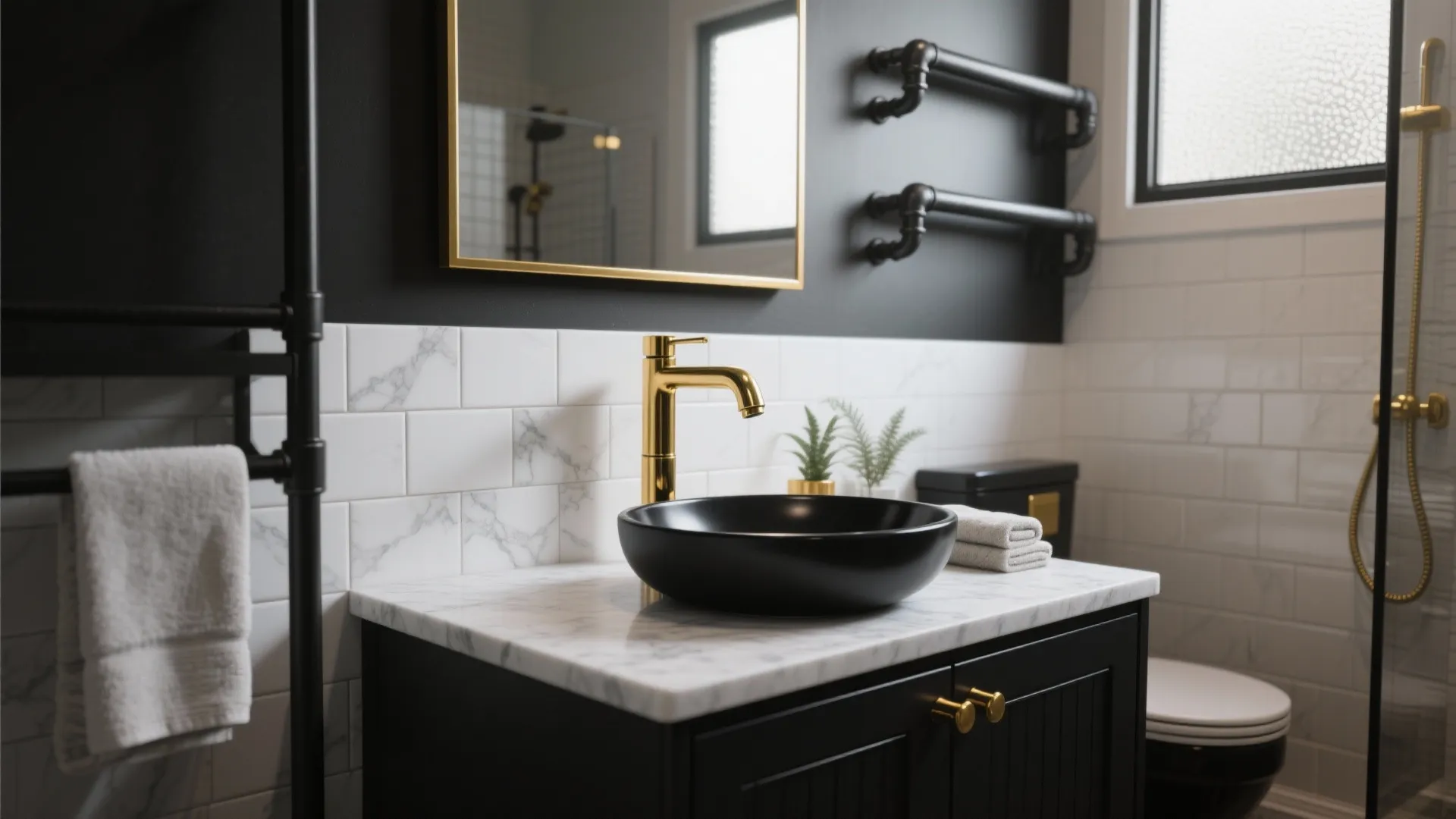 Modern bathroom with gold faucet black sink marble countertop white tiles and black wall cabinet design