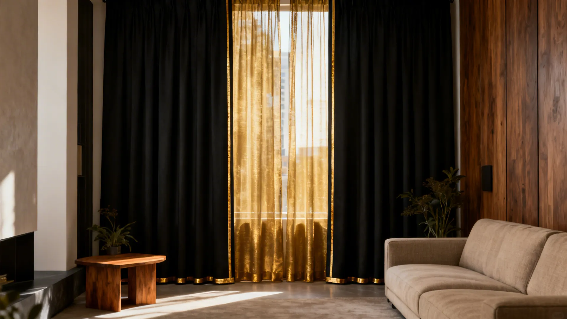 Modern living room with black and gold curtains beige sofa wooden wall panel and table